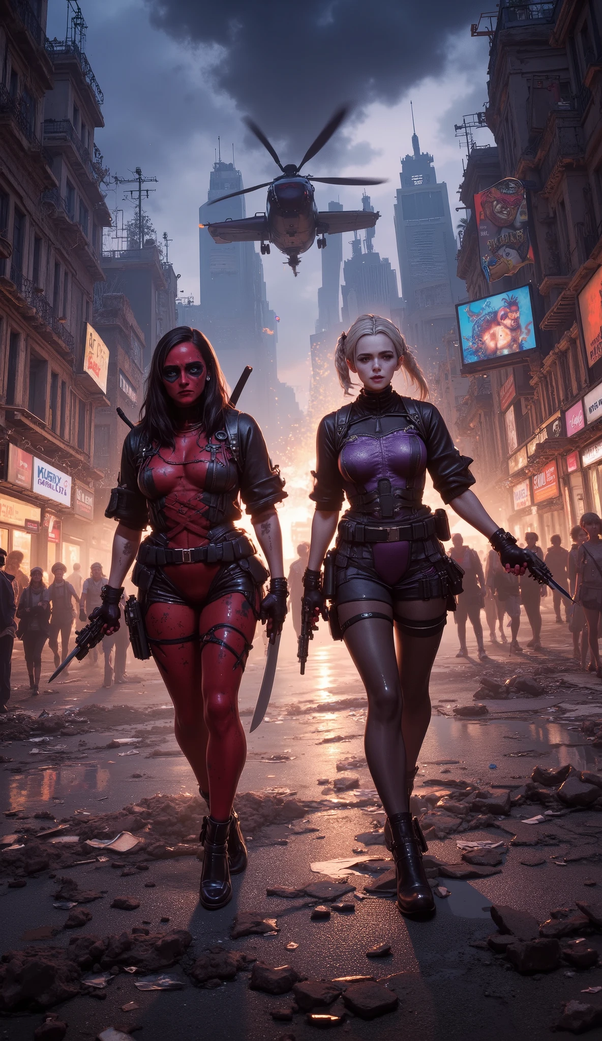 As the enemy forces grow clearer, their movements are methodical, almost predatory, as if they’re calculating every step. Deadpool twirls his katana with casual flair, the blade catching the neon glow, while his quip cuts through the tension like a knife: "Well, this looks like a party I didn’t RSVP for." The Harley Quinn-inspired character cracks a grin, her fingers tightening around her weapon, the gleam in her eyes signaling she’s ready for chaos.

The battlefield feels alive, pulsing with an anarchic rhythm. Shards of glass crunch underfoot as the duo advances, their steps in sync despite the unpredictability of their surroundings. Overhead, the helicopter’s rotor blades slice through the smoky air, sending ripples through the haze. A sudden explosion erupts to their left, sending a shower of sparks and debris cascading down like fiery rain, momentarily illuminating the grim determination etched on their faces.

The cityscape looms in the backdrop, a jagged silhouette of destruction and despair. Buildings stand half-collapsed, their skeletal frames jutting into the sky like accusing fingers. Billboards flicker with static, their once-vibrant messages now reduced to haunting remnants of a world that once was. The , with broken billboards and crushed vehicles scattered across the rubble-strewn streets.

The duo’s movements are synchronized yet contrasting—Deadpool’s stance is loose and almost playful, while his partner exudes a calculated precision, her fingers tightening on the triggers of her pistols. The camera zooms in momentarily on the intricate stitching of their costumes, highlighting battle scars and wear, a testament to their relentless fight for survival. 

As the confrontation looms closer, the volumetric lighting creates dramatic silhouettes, framing the two protagonists as larger-than-life figures against the crumbling urban backdrop. The scene brims with anticipation, every detail meticulously crafted to draw the viewer into this climactic moment.

