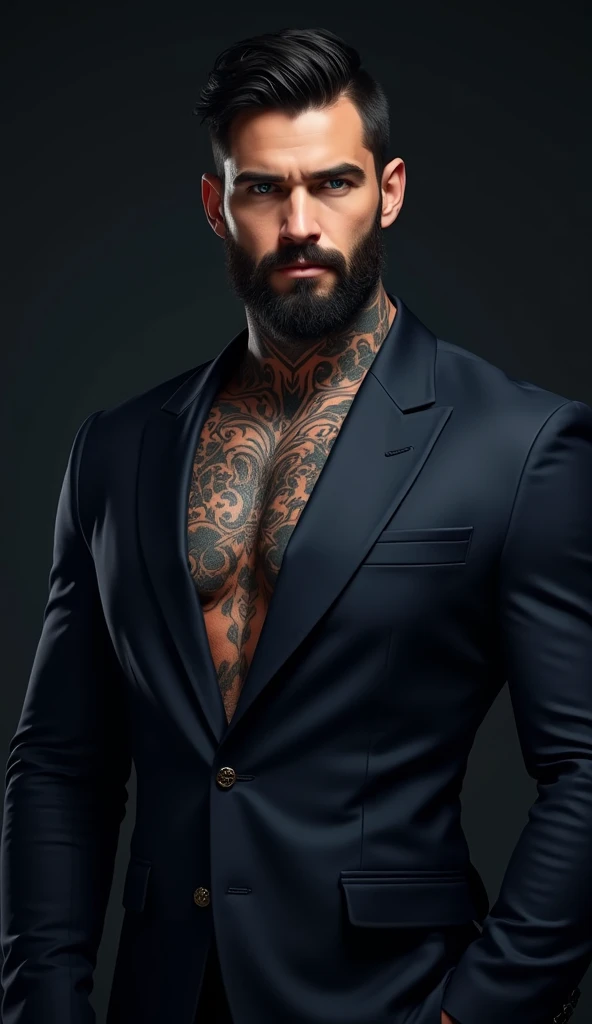 a muscular tattooed man,1 meter 80 tall,wearing a black dress shirt,black jeans,black jacket,low cut hairstyle,beard,detailed realistic portrait,dramatic lighting,cinematic composition,highly detailed Put his shirt closed ( He is wearing a black dress shirt