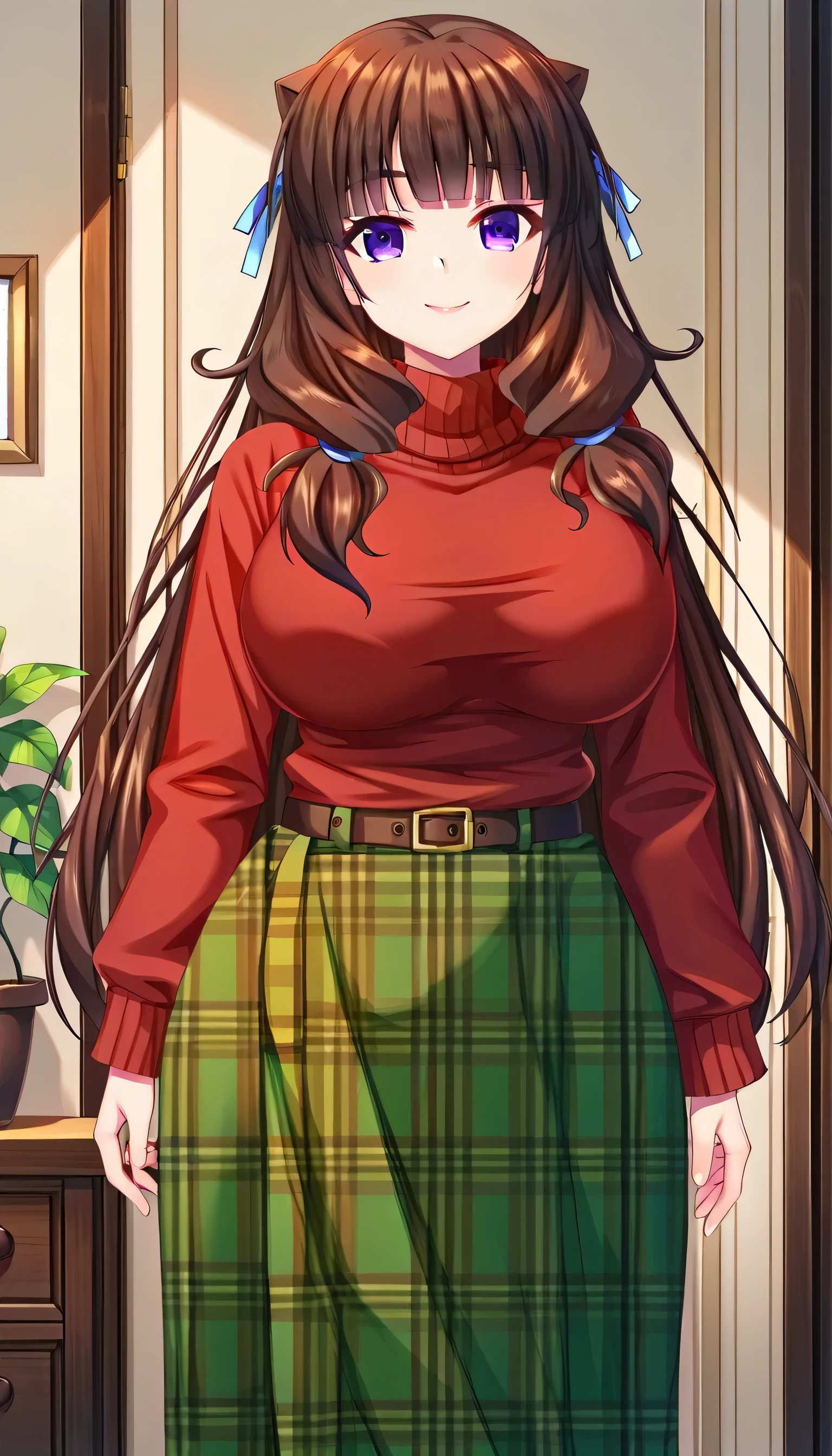 Anime girl in a red shirt and green skirt standing in a room - SeaArt AI