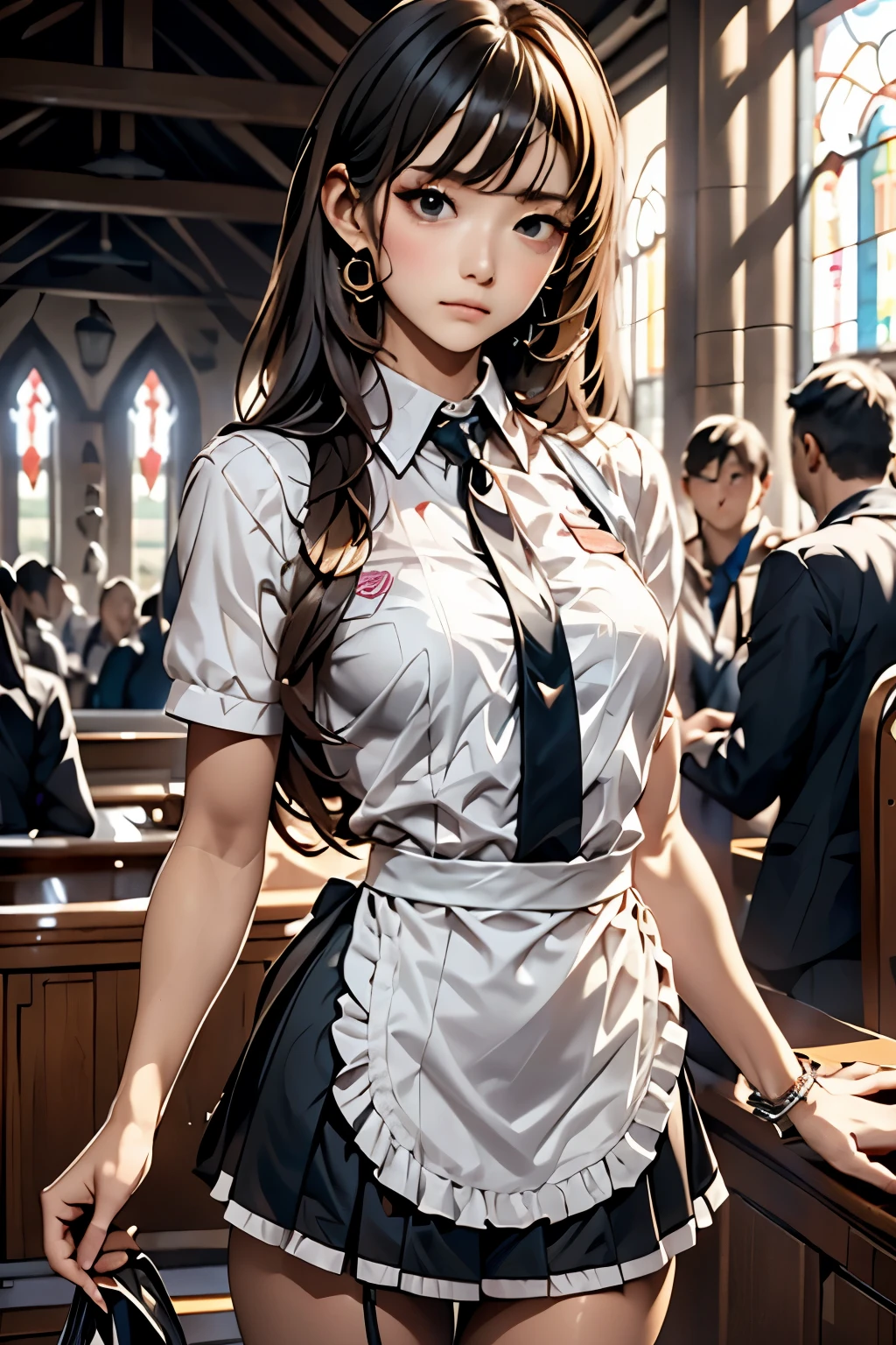 8k, girl、 cute、 slim、 long hair、 black hair、rubber suit maid clothes、 super miniskirt、Lean back、 sad expression、