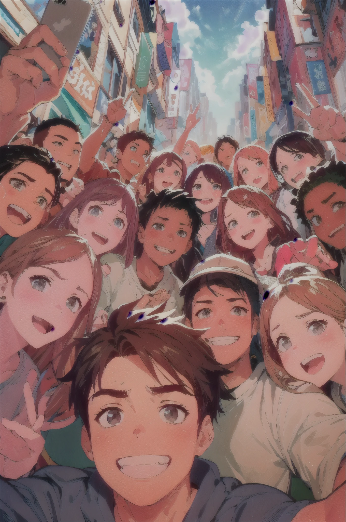 Image is a vibrant, colorful anime-style illustration depicting a diverse group of animated characters taking a selfie in a bustling city street. The layout is dynamic, with characters filling the foreground, all smiling and looking towards the viewer, creating a sense of camaraderie and joy. The principale character is a mexican with midle part haircut simetrical and low beard. The characters have a variety of skin tones, hairstyles, and facial features, showcasing a wide range of expressions and personalities. The background features tall buildings with bright neon signs in various colors, including red, blue, and green, adding to the lively urban atmosphere. The perspective is slightly tilted, enhancing the energetic and playful mood of the scene. The characters' clothing is casual, with hoodies and t-shirts in different colors, contributing to the relaxed and friendly vibe of the illustration., obra maestra, la mejor calidad, alta calidad, de mayor resolución
nagasaki_Soja_bangdreamitsmygo, largo_cabello, café_cabello, golpes, blue_eyes, sonrisa, serafuku, superior_cuerpo, taza para té, 3D, pechos medianos, verde_onepiece,
