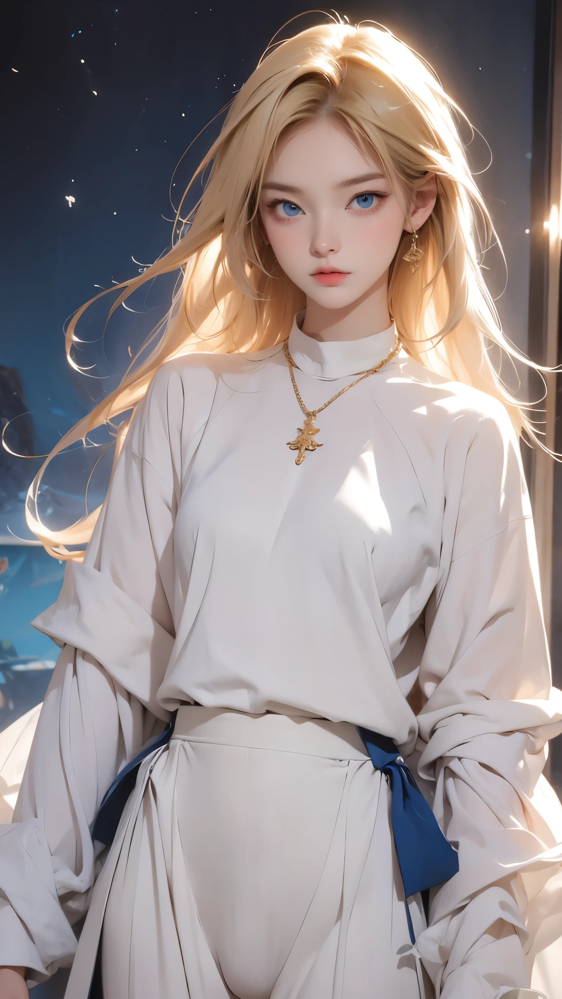 Young blonde anime, aesthetic body, dark blue eyes, wearing white clothes with blue details, in a spaceship, with gold necklace