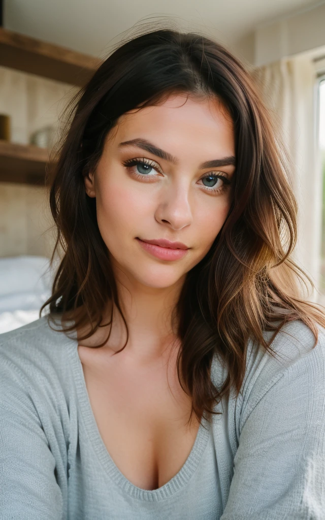 Beautiful brunette with blonde highlights (normal outfit) with breast (in a house), Very detailed, 22 years old, innocent face, natural wavy hair, blue eyes, wavy hair, high resolution, masterpiece, best quality, intricate details, highly detailed, sharp focus, detailed skin, realistic skin texture, texture, detailed eyes, professional, 4k, charming smile, filmed on Canon, 85 millimeters, shallow depth of field, Kodak Vision Color, body perfect fit, Extremely detailed, photograph_\(ultra\), photorealistic, Realistic, Post-processing, Maximum details, roughness, real life, ultra realistic, photorealism, photography, 8K UHD, photography