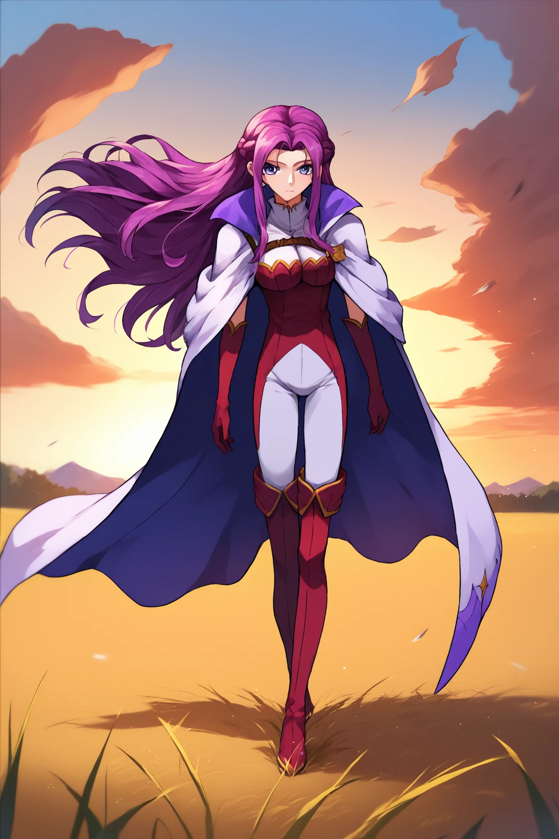a beautiful and detailed image of meru , merunyaa,(red skin:1.3), horns,clothed,(freckles), flowing white dress,backlighting, field of flowers, holding flower, flower hair accessory, yellow eyes,smile, clouds,in front, alone, pants, medium breast,, knife holding, cloak, cape, walking, pants, solo, flip flops boots