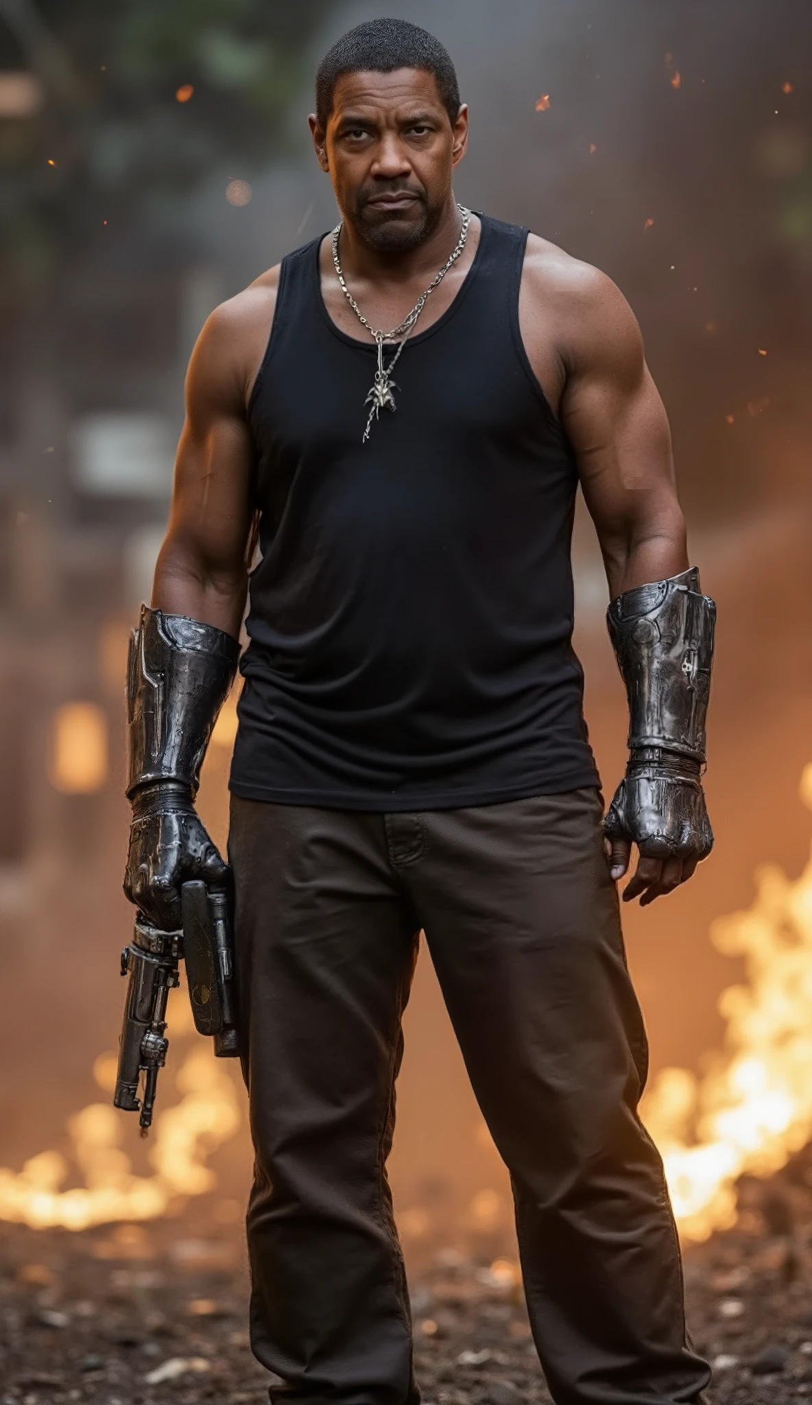 Create a Brazilian mulatto superhero with normal black hair, usar barba, 35 anos, mulato, olhos vermelhos estreitos, Futuro uniforme preto tech contendo detalhes de textura de fibra de carbono e linhas douradas na armadura do terno, use a letra dourada e quadrada " s" like a belt buckle equipped with gadgets and hero weapons, Ele tem 1,90 metros de altura, pesa 100kg e tem um visual preto escuro, Electrical rays come out of your hands, pose de luta enquanto voa, with a futuristic technological weapon on his back and in a scene of destruction with destroyed buildings and people running in the background in desperation, Show that he's full body flying in fight scene, Spaceships fill the skies in the background, Ships ready to attack the hero, Many armed enemy soldiers approach on the horizon to surround the hero, use estilo HQ, Cartoon, criar modelo estilo Marvel e Dc Comics, desenho, 8K分辨率, a lot of whimsy in the fingers of the hands and eliminate deformities in the body in the final result,