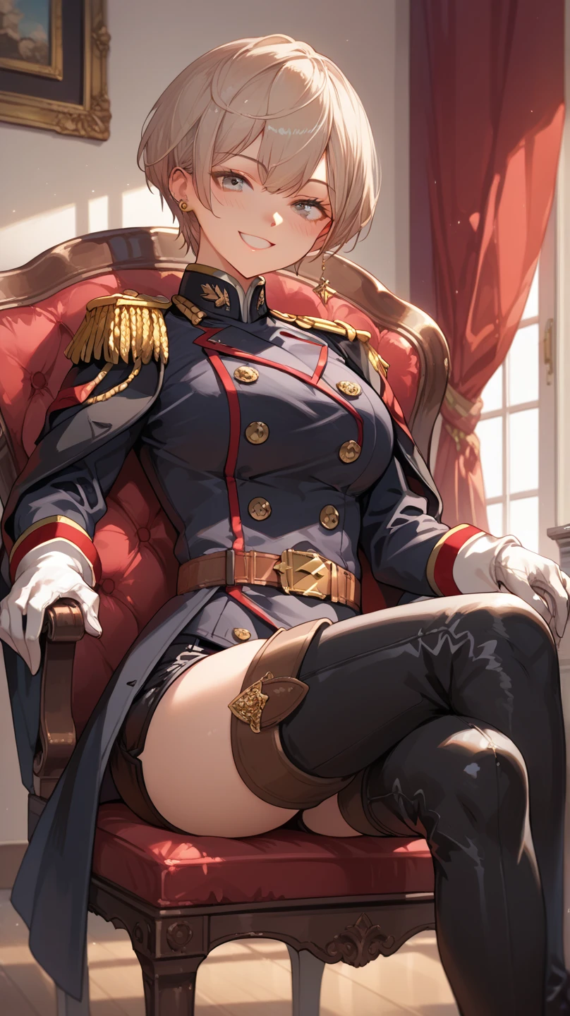 ((Highest quality)), ((masterpiece)), (detailed), (Perfect Face)、The woman is Princess Leona, with medium-long light brown hair. She is wearing a black military uniform and a military cap. She is being held by a dignified general on a luxurious bed, his penis is inserted into her pussy, and a large amount of semen is being ejaculated from her pussy.、Women are brainwashed, expressionless, and have no highlights in their eyes.