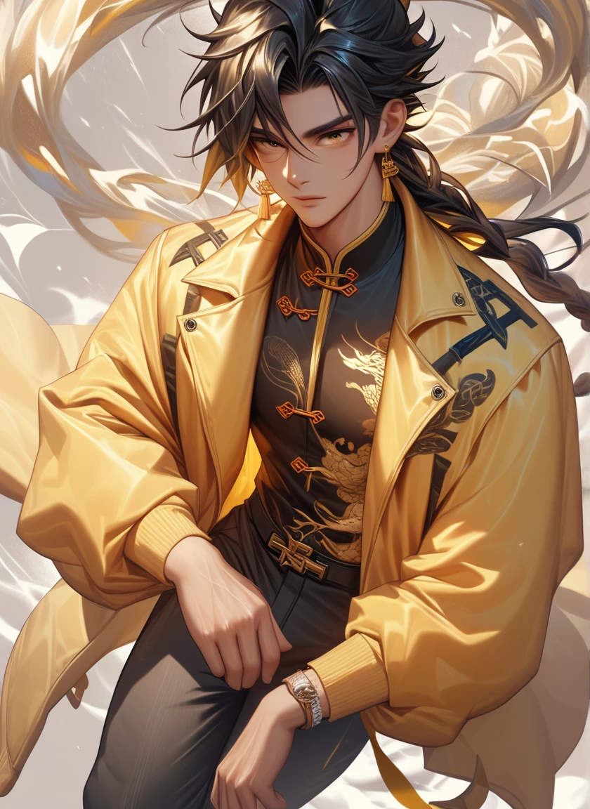 A man with a sword stands in front of the setting sun, Hair covers one eye，With a smile，handsome guy in demon killer art, Trending anime art, trending anime artwork, clean and meticulous anime art, Anime style illustration, Style anime, Japanese art style, Detailed digital anime art, Handsome anime pose, Detailed anime artwork, highly detailed exquisite fanart, Male anime style, Ross Tran style, detailed anime character art