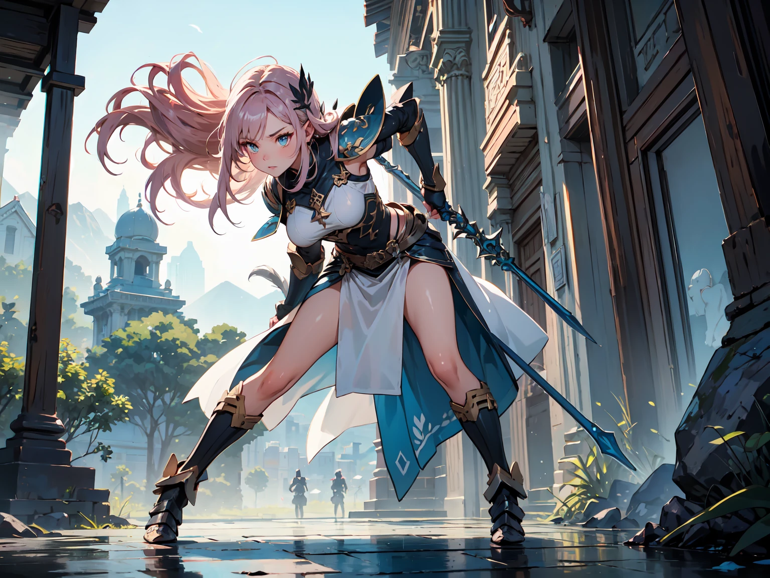 <lora:FF14CharArt:1.0>, masterpiece, best quality, 1woman, (((weapon master))), intricate Heather Gray outfit, intricate background, very long hair, Bubblegum Pink hair, waterfall braid, Sky Blue eyes, swamp, sfw