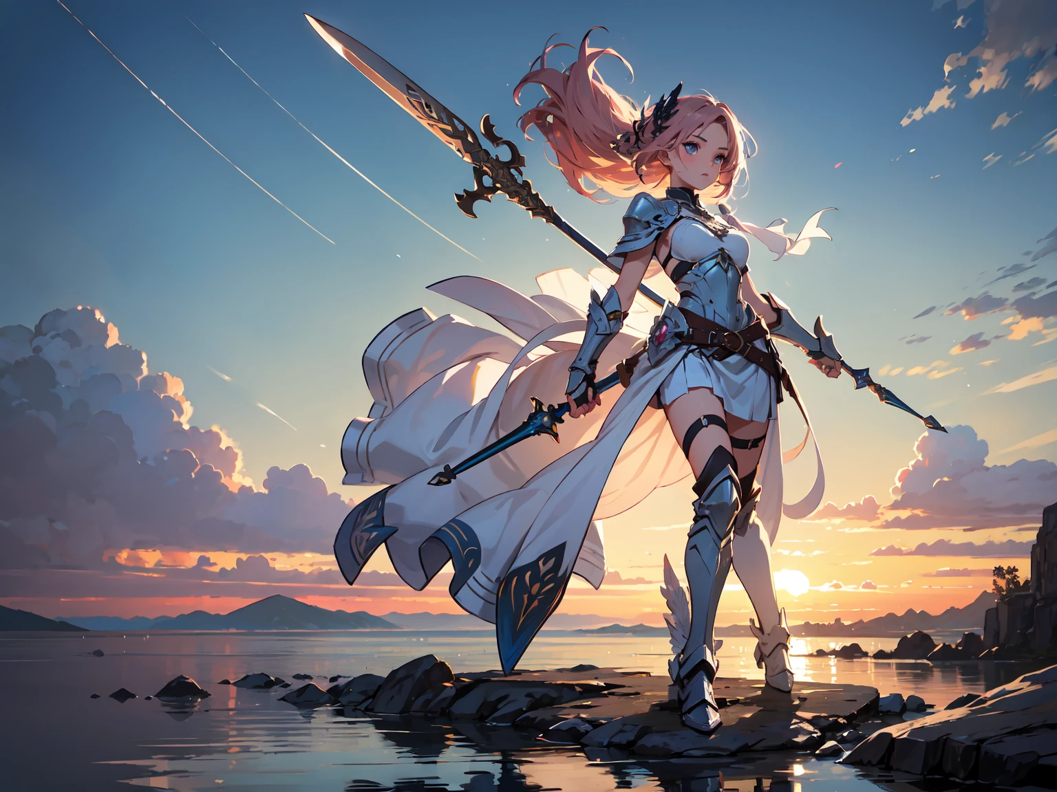 ((masterpiece, best quality)), (extremely detailed CG unity 8k wallpaper, masterpiece, best quality, ultra-detailed, best shadow), (detailed background), (beautiful detailed face, beautiful detailed eyes), High contrast, (best illumination, an extremely delicate and beautiful), (anime girl:1.2), ((anime girl with a katana walking on water, ripples, backdrop of dawn, backshot, saturn in the background, low angled illustration from demon slayer, concept art, anime, key visual, trending pixiv fanbox by wlop and greg rutkowski and makoto shinkai and studio ghibli )), ((caustic)), dynamic angle, beautiful detailed glow,