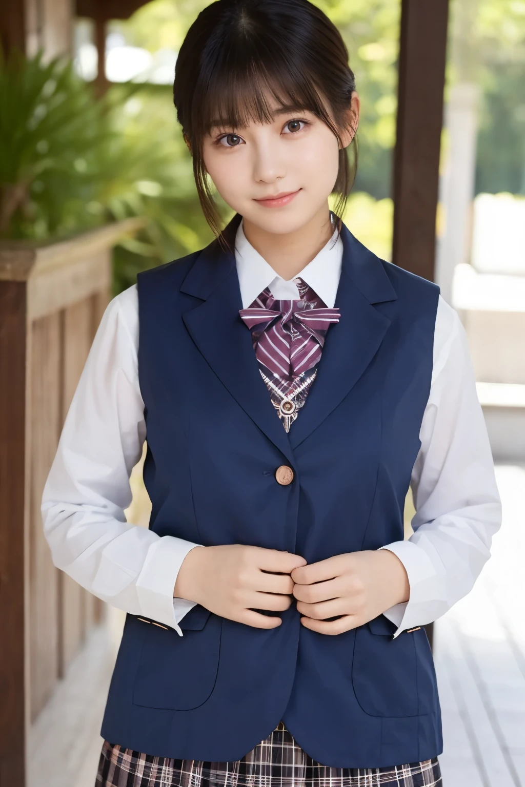 Top Quality, Focus on the Face , Soft light, ultra high resolution, ( photorealistic :1.4), RAW photo in the loop , 1 Japanese Girl , alone, cute, ( embarrassing smile:0.5), ( brown eyes, light in the eye), detailed and beautiful face of the head, ( small breasts), ( High resolution realistic human skin texture), ( short bob), break, come , navy blue sailor suit , vest, skirt