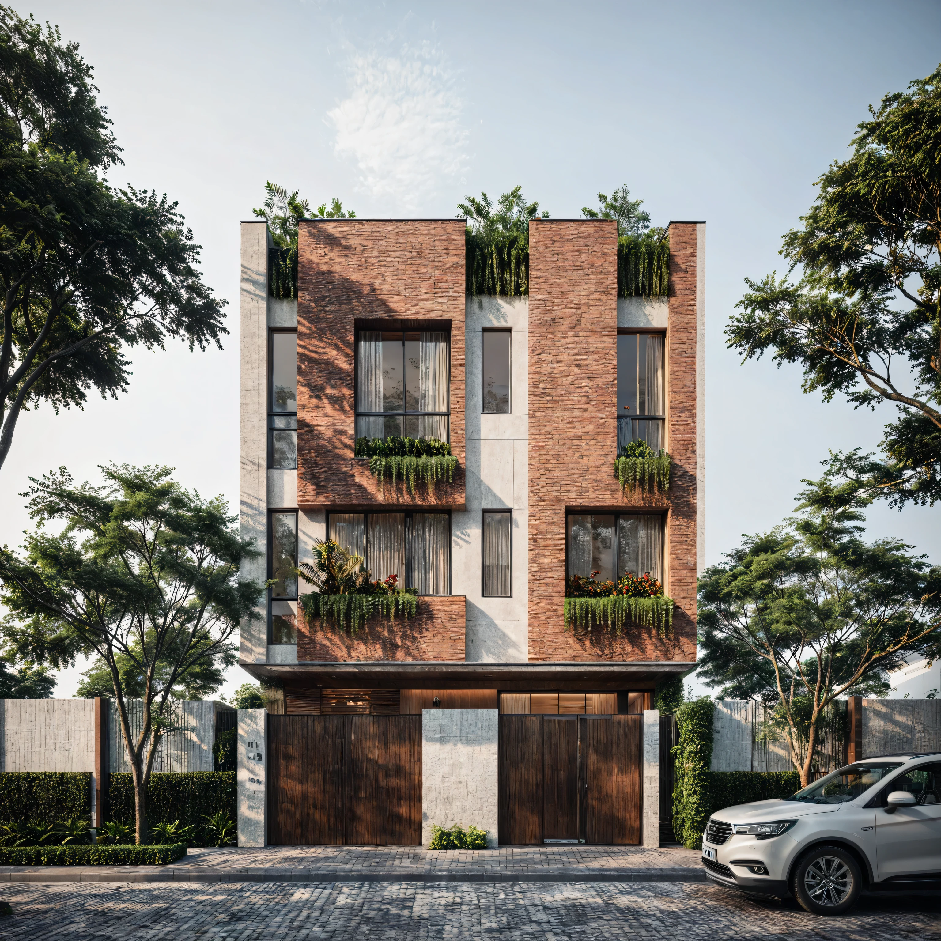 modern house, tropical style, brick texture, traditional ventilation tiles, open space loft villa with roof garden, modern, dynamic (RAW photo, real, best quality, masterpiece:1.2), (hyper realistic, photo-realistic:1.2), high quality, (dark lighting:1.2), perfect lighting, archdaily, architecture digest award wining sustainable architecture, cinematic