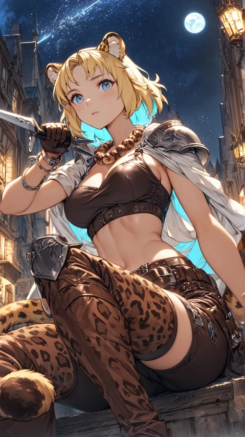 Tall girl, short blonde hair, high ponytail, cat ears, blue eyes, leather armour, open belly, pants, smirk, a sword, Masterpiece, hiquality