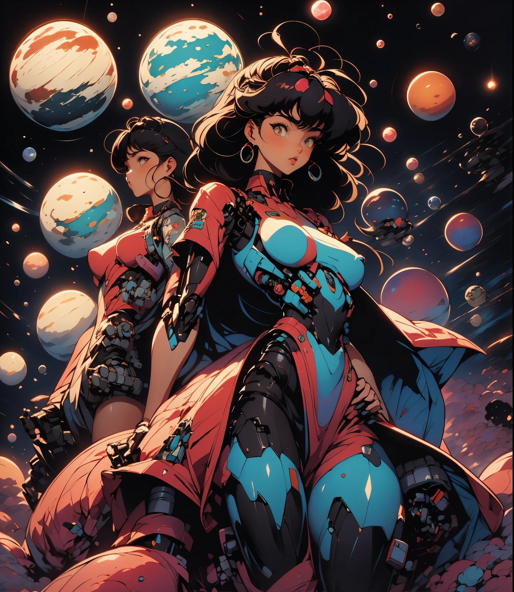 1 female mecha robot (1 girl) with guns, combat pose, años 90, retro. Background: planets, lights