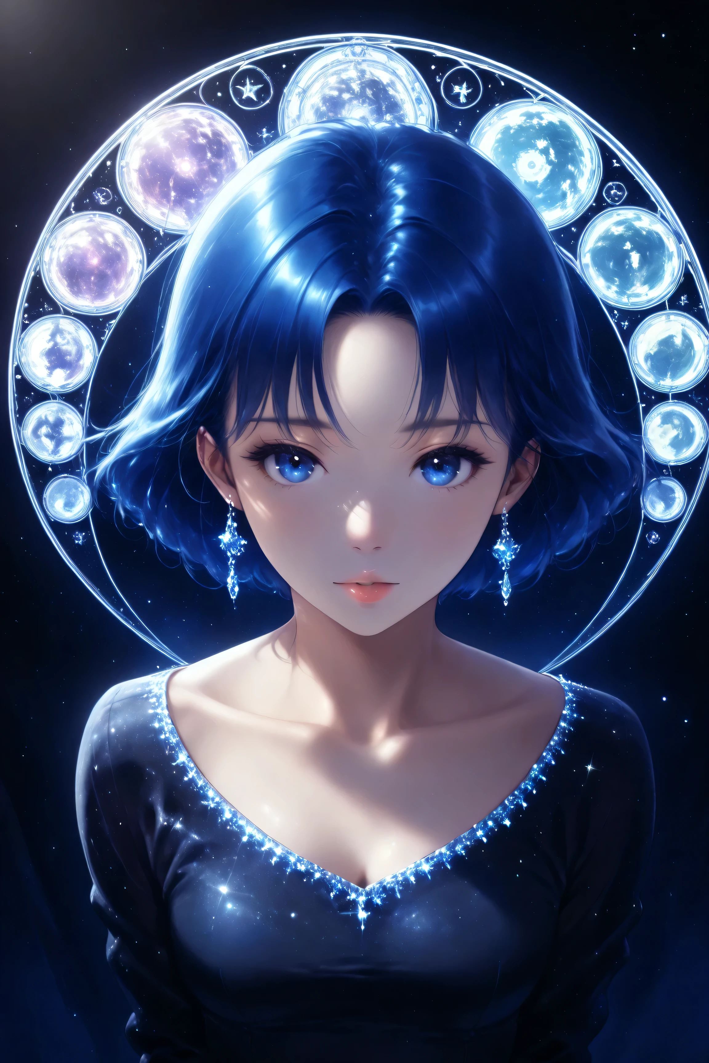 ((best quality)), ((masterpiece)), (detailed), perfect face, asian girl, elegant, demure, small breasts, blue hair, cleavage, surreal, sexy space clothes, art nouveau, in the illustrative style of moebius, spaceships, aliens, fantasy, sci-fi, graphic novel, line drawing, french retro,
