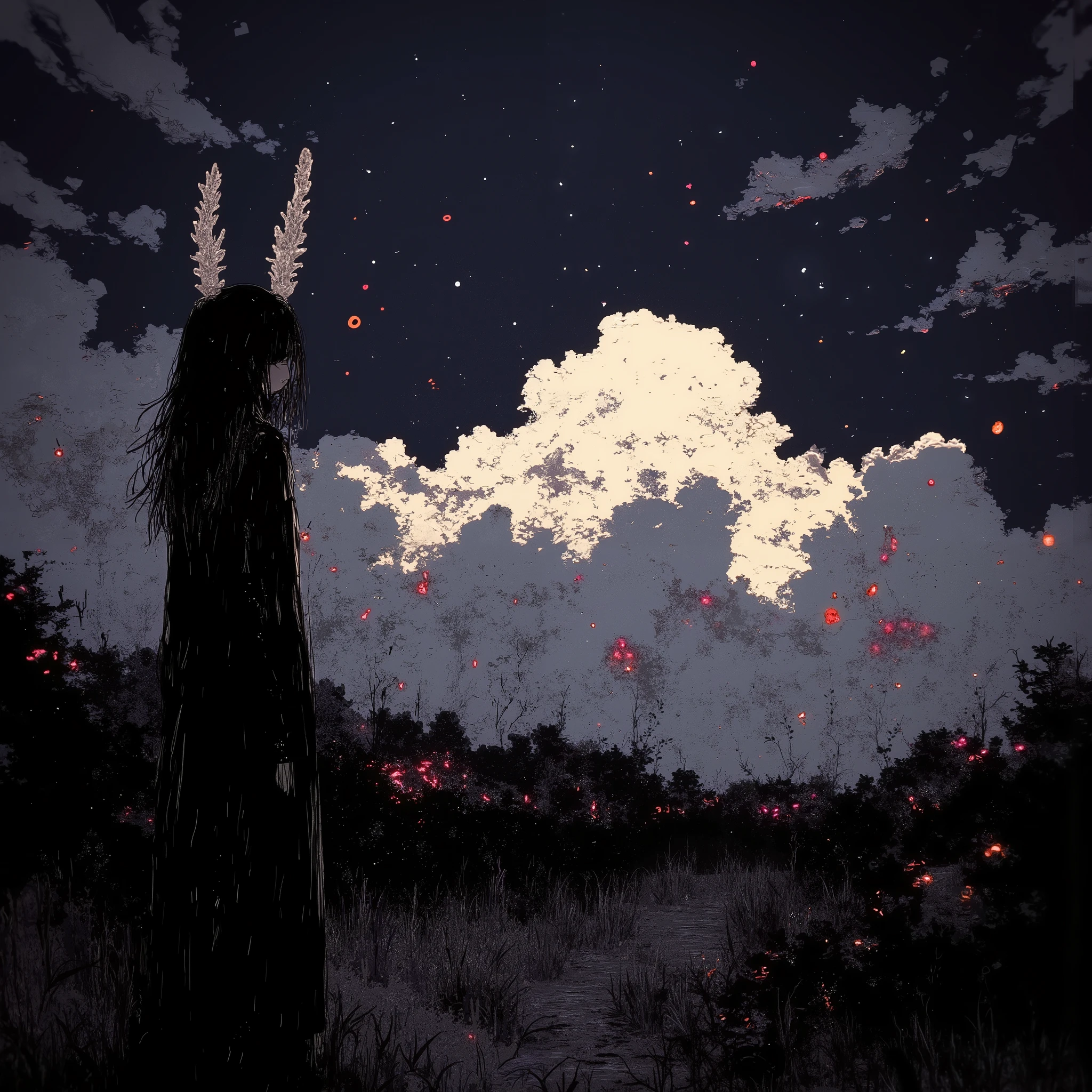   manga style digital illustration:1.5, broken sky  ,  Dramatic sky ,   Apocalyptic sky   ,  Конец lightа , Dark Clouds,  dramatic lighting,    creepy atmosphere   ,  movie, Dull color , sullen,  Dark, atmosphere ,  Complex cloud shapes  ,   textured clouds   , light,    volumetric lighting  ,   realistic, photo  realistic,  very detailed , 8 k,  masterpiece,  one girl standing in line alone 