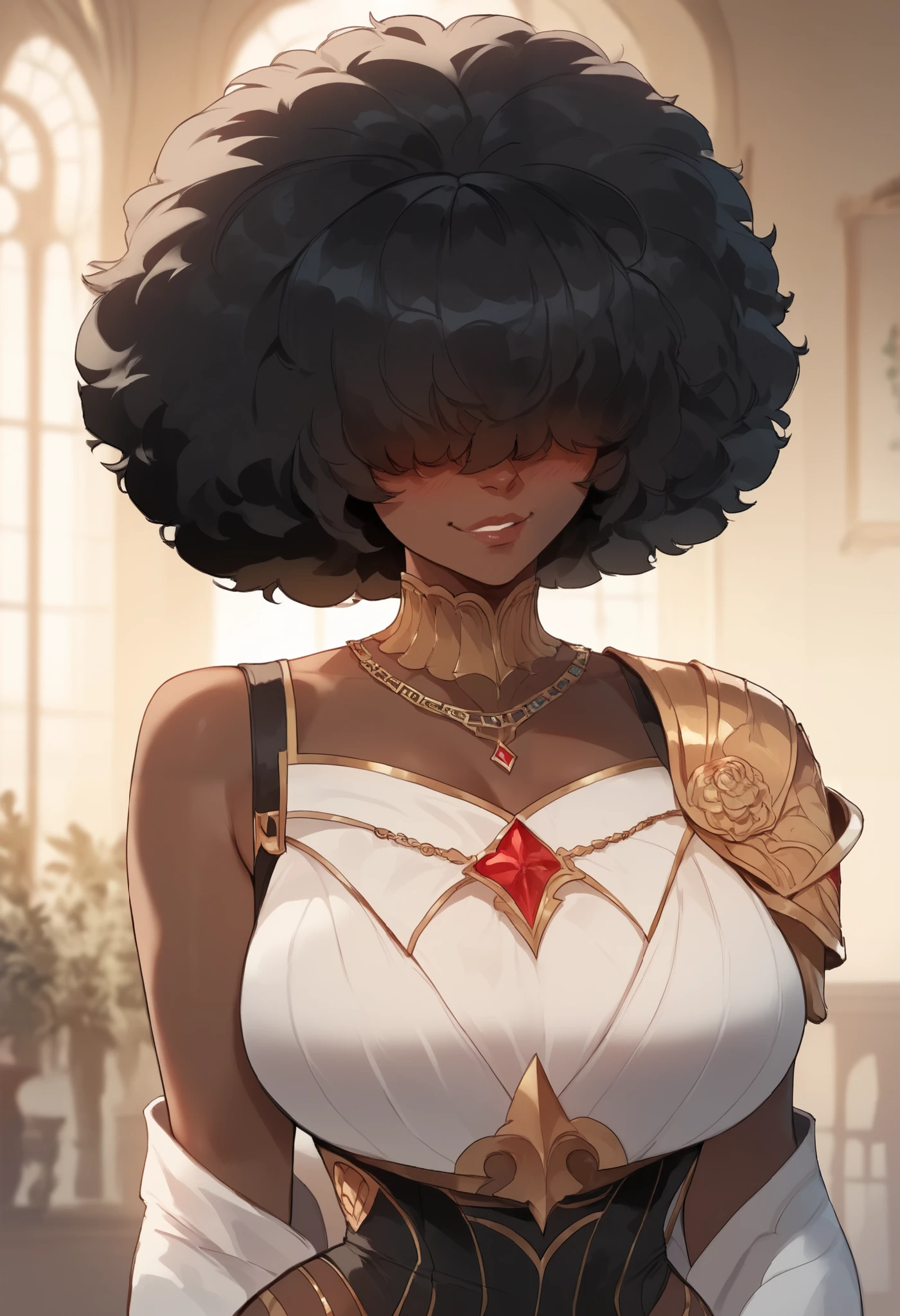 Hollow statue girl, Roman, alone, naked, eyes closed, white eyelashes, tied white hair, Roman hair tie, black skin, painted very black, studded with diamonds, golden crown, photographed at face level, red blood flowing from the girl's eye