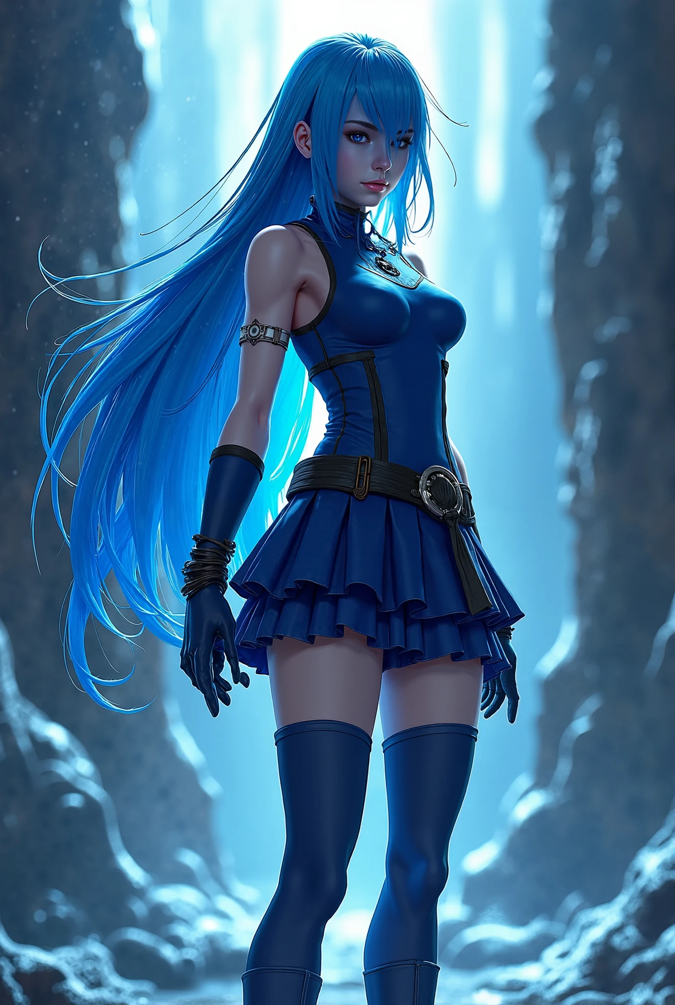 Full body, beatiful eyes, blush, cute face, realistic, 8k, best quality, masterpiece, (1 cute woman, solo: 1.1), very big breasts, long blue hair, blue crop top, blue skirt, blue gloves, blue heel boots, naked shoulders