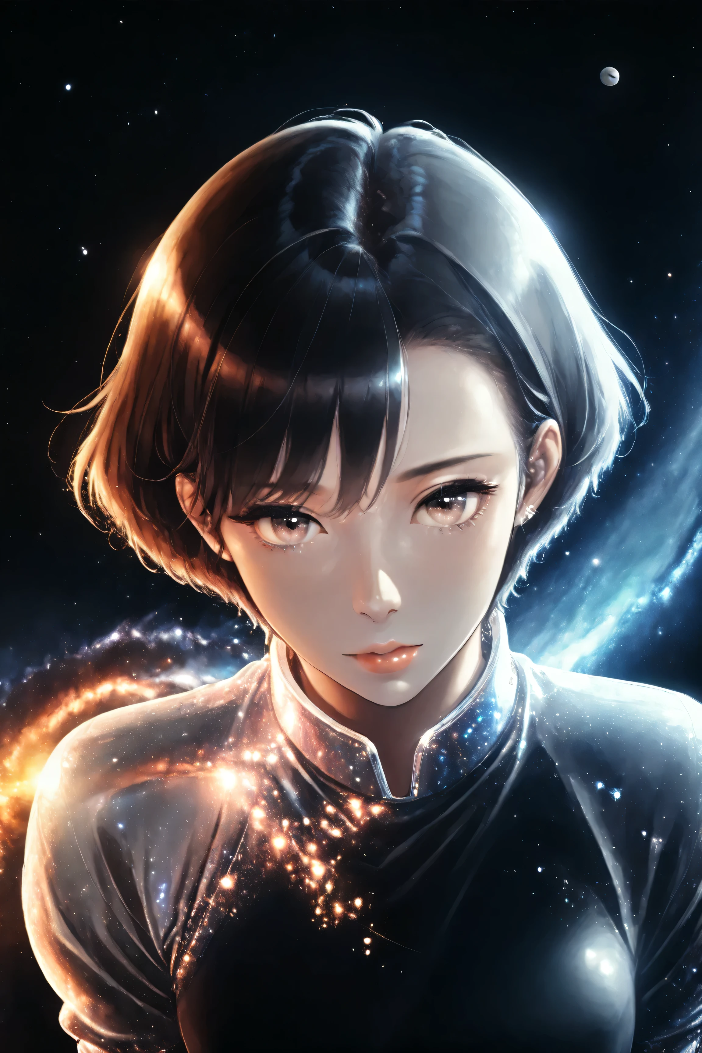 ((best quality)), ((masterpiece)), (detailed), perfect face, asian girl, surreal, sexy space clothes, in the illustrative style of moebius, spaceships, aliens, fantasy, sci-fi, graphic novel, line drawing, french retro, 