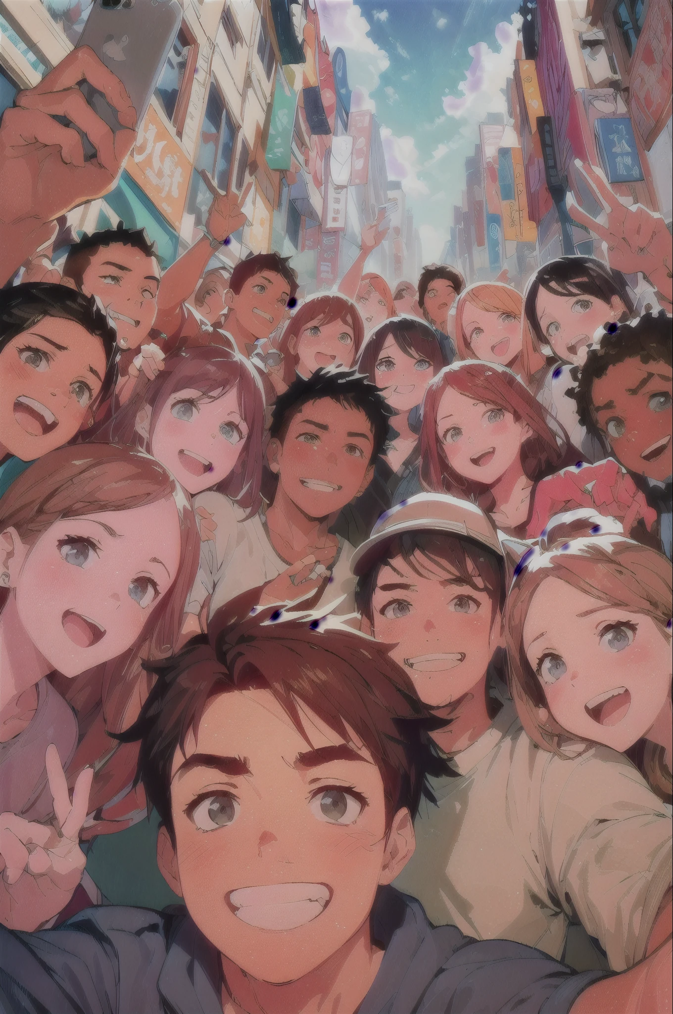 Image is a vibrant, colorful anime-style illustration depicting a diverse group of animated characters taking a selfie in a bustling city street. The layout is dynamic, with characters filling the foreground, all smiling and looking towards the viewer, creating a sense of camaraderie and joy. The principale character is a mexican with midle part haircut simetrical and low beard. The characters have a variety of skin tones, hairstyles, and facial features, showcasing a wide range of expressions and personalities. The background features tall buildings with bright neon signs in various colors, including red, blue, and green, adding to the lively urban atmosphere. The perspective is slightly tilted, enhancing the energetic and playful mood of the scene. The characters' clothing is casual, with hoodies and t-shirts in different colors, contributing to the relaxed and friendly vibe of the illustration., obra maestra, la mejor calidad, alta calidad, de mayor resolución
nagasaki_Soja_bangdreamitsmygo, largo_cabello, café_cabello, golpes, blue_eyes, sonrisa, serafuku, superior_cuerpo, taza para té, 3D, pechos medianos, verde_onepiece,