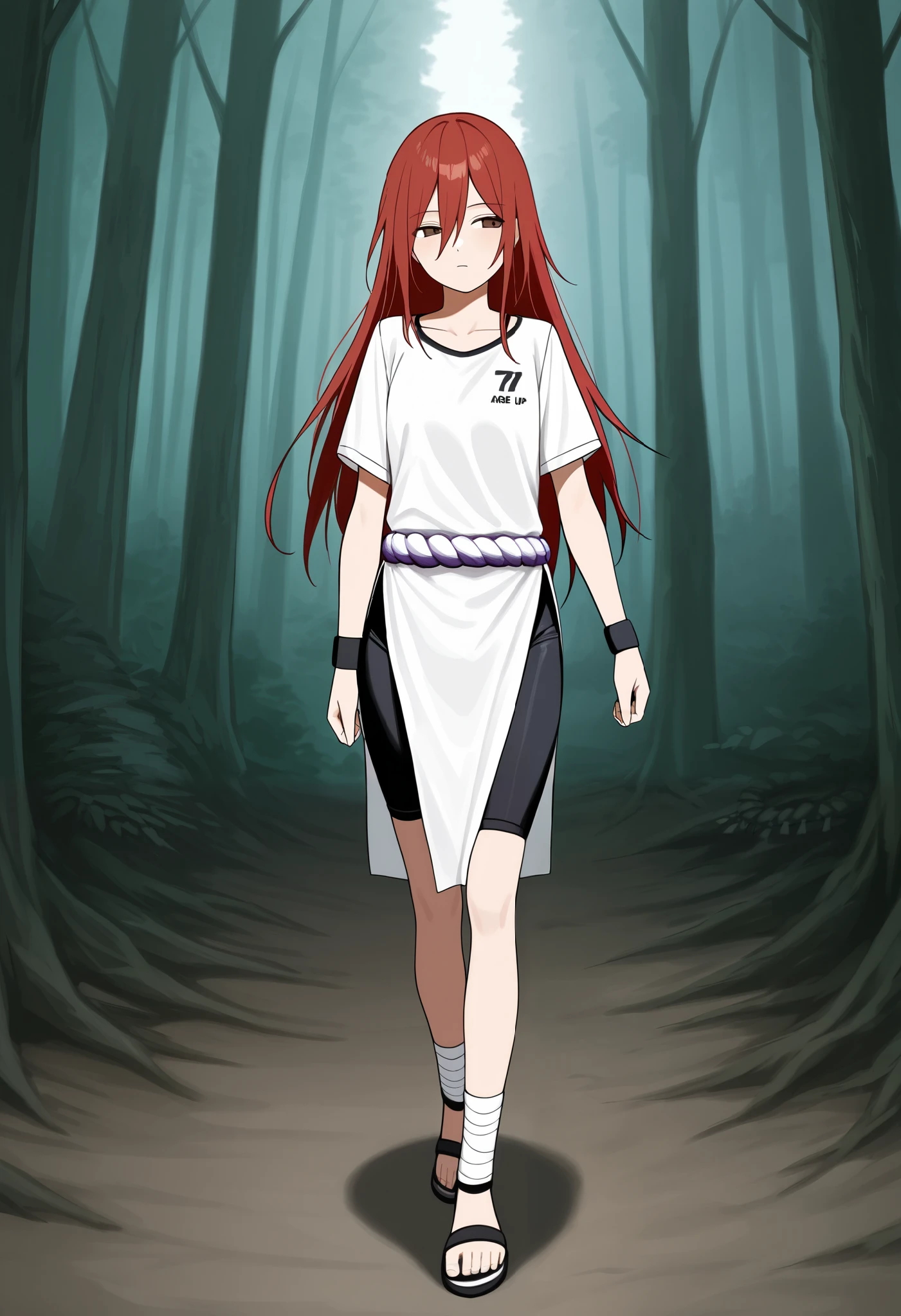 pelvic curtain, wristband, Alone , long hair, red hair, brown eyes, 1 girl, has, short sleeves, looking at the spectator, Shimenawa, collarbone, hair between the eyes , closed mouth , shirt, full body, expressionless, cycling shorts, unfeminine girl , squinting eyes, hair between the eyes , ankle wrap , fingerless footwear , sandals, al aire libre, forest