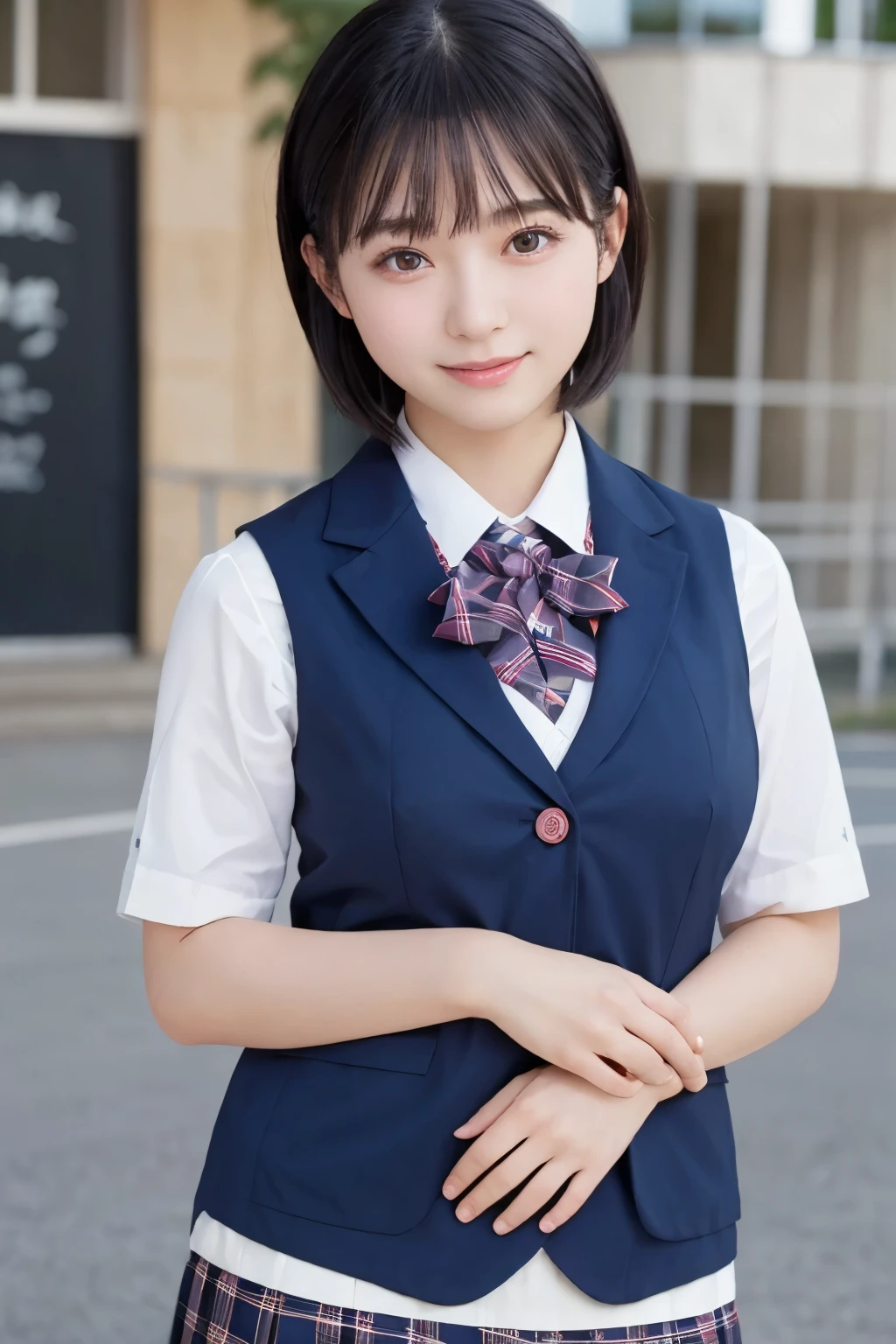 Top Quality, Focus on the Face , Soft light, ultra high resolution, ( photorealistic :1.4), RAW photo in the loop , 1 Japanese Girl , alone, cute, ( embarrassing smile:0.5), ( brown eyes, light in the eye), detailed and beautiful face, ( small breasts), ( High resolution realistic human skin texture), ( short bob), break, come , navy blue sailor suit , vest, skirt