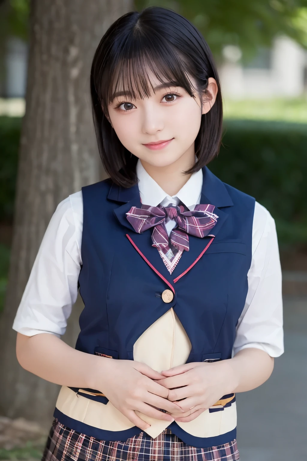 Top Quality, Focus on the Face , Soft light, ultra high resolution, ( photorealistic :1.4), RAW photo in the loop , 1 Japanese Girl , alone, cute, ( embarrassing smile:0.5), ( brown eyes, light in the eye), detailed and beautiful face, ( small breasts), ( High resolution realistic human skin texture), ( short bob), break, come , navy blue sailor suit , vest, skirt