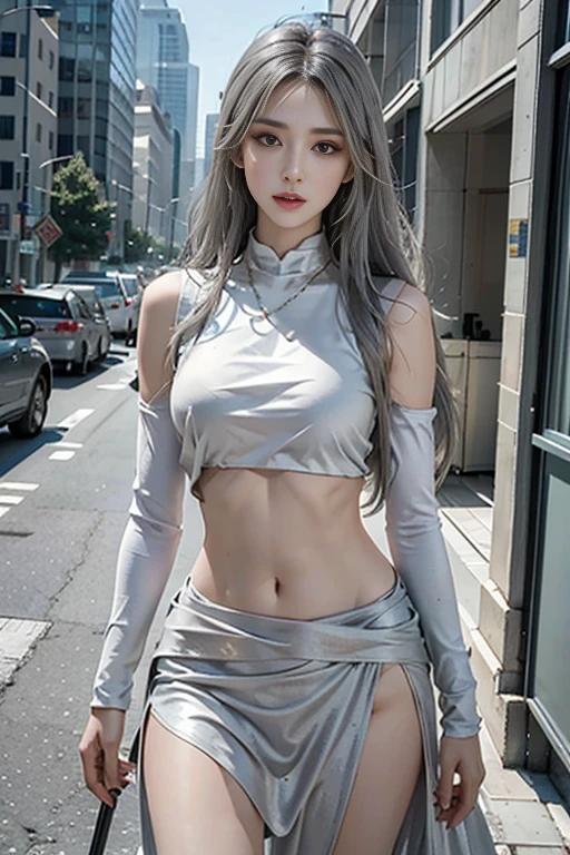 Urban Beautiful Girl College Student,tmasterpiece,light make-up,Redlip,Silver hair,Long messy hair,high-heels,Stand on the street,gracefulness,stocklings,ellegance。Super fine detail,Works of masters,Authentic texture,Realistic movie lighting,Perfect work,8K,k hd,exquisite facial features,White tight-fitting top,l blue short skirt,slimfigure,big bright eyes,Smooth skin,(eardrop),(choker necklace),((Tattooed with)),(skin exposed),(Horror)。