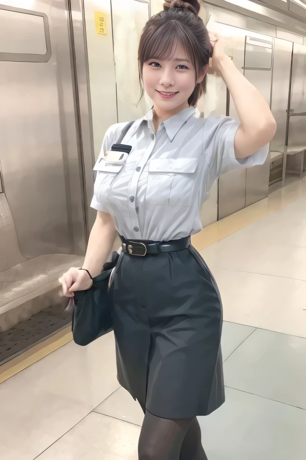 ( Masterpiece:1.2, top quality :1.2), 32kHDR, high resolution, ( alone、 in the seat)、( daytime building rooftop 、 professional lighting)、Building rooftop background、( Tokyo subway female crew uniform authentic style female crew uniform 6 )、(Tokyo subway female crew uniform blouse short sleeve 、 Knee-length culottes skirt、 waist belt )、、 thick brown hair 、( collected hair 、 Hair bangs)、 thick brown hair 、 long hit 、 Big Breasts、 thin legs、(( amazing hands:2.0)),((harmonious body proportions:1.5)),((Normal limbs:2.0)),((Usually :2.0)),(( Delicate Eyes:2.0)),((Normal eyes:2.0)))、(Tokyo Subway woman crew uniform Knee-length culottes skirtを見せた美しい立ち姿) 、Hands folded under the body 、 sitting has a smiling face