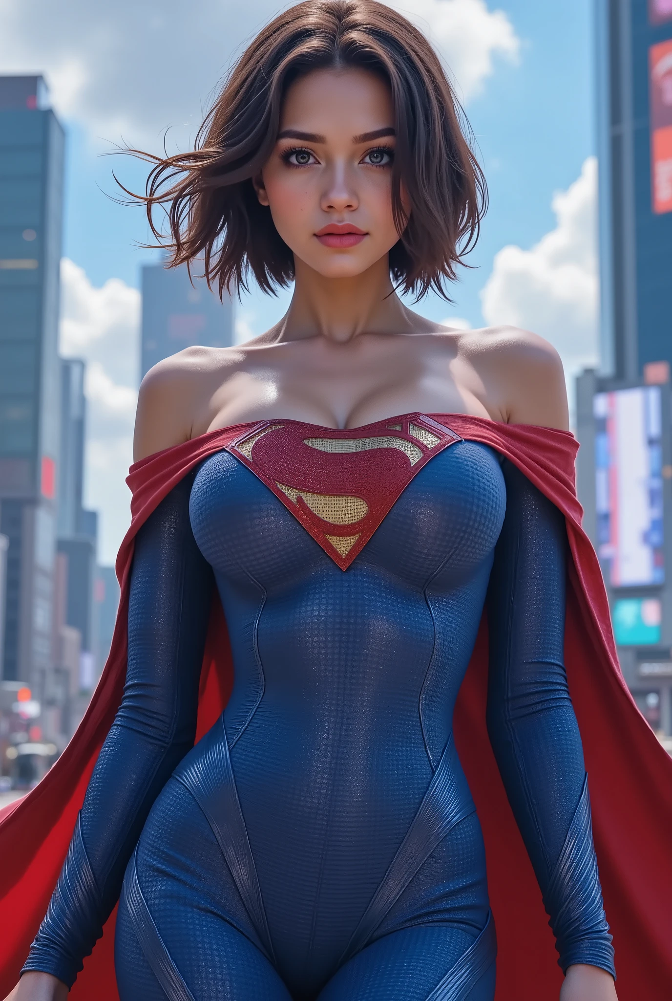 (ANIME BLUE EYES) A SEXY TALL JAPANESE ASIAN GIRL AS SUPERGIRL. BLUE EYES, CUTE INNOCENT FACE, 4K, 8K, SUPER DETAILED, SUPER HIGH RES.