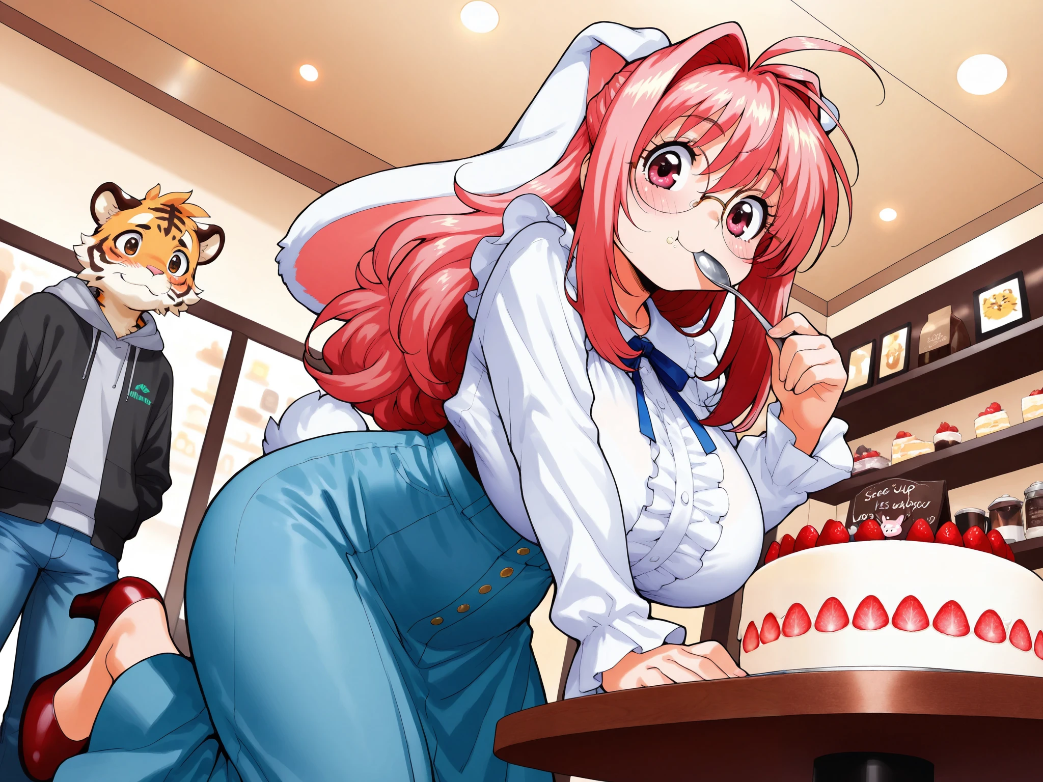 (masterpiece:1.3, highres:1.3, top quality), (artist\Mine Yoshizaki style), (from below, low angle, dynamic angle), (1girl & 1boy, Furry, Eating cake, Coffee shop, On a date, Lovers), (1girl\Furry:1.2, Lop-eared Rabbit:1.3, fluffy long pink hair, Large round glasses, Big and very cute droopy eyes, Fluffy fur, huge breast:1.3, Blouse with voluminous sleeves and frills on the chest, Long skirt with lace-up back:1.3, High heels, smiling:1.3, She is holding out a cake on a spoon) BREAK (1boy\Furry, tiger, hoodie, blue jeans, Blushing and trying to eat cake with her mouth open) BREAK 8k wallpaper