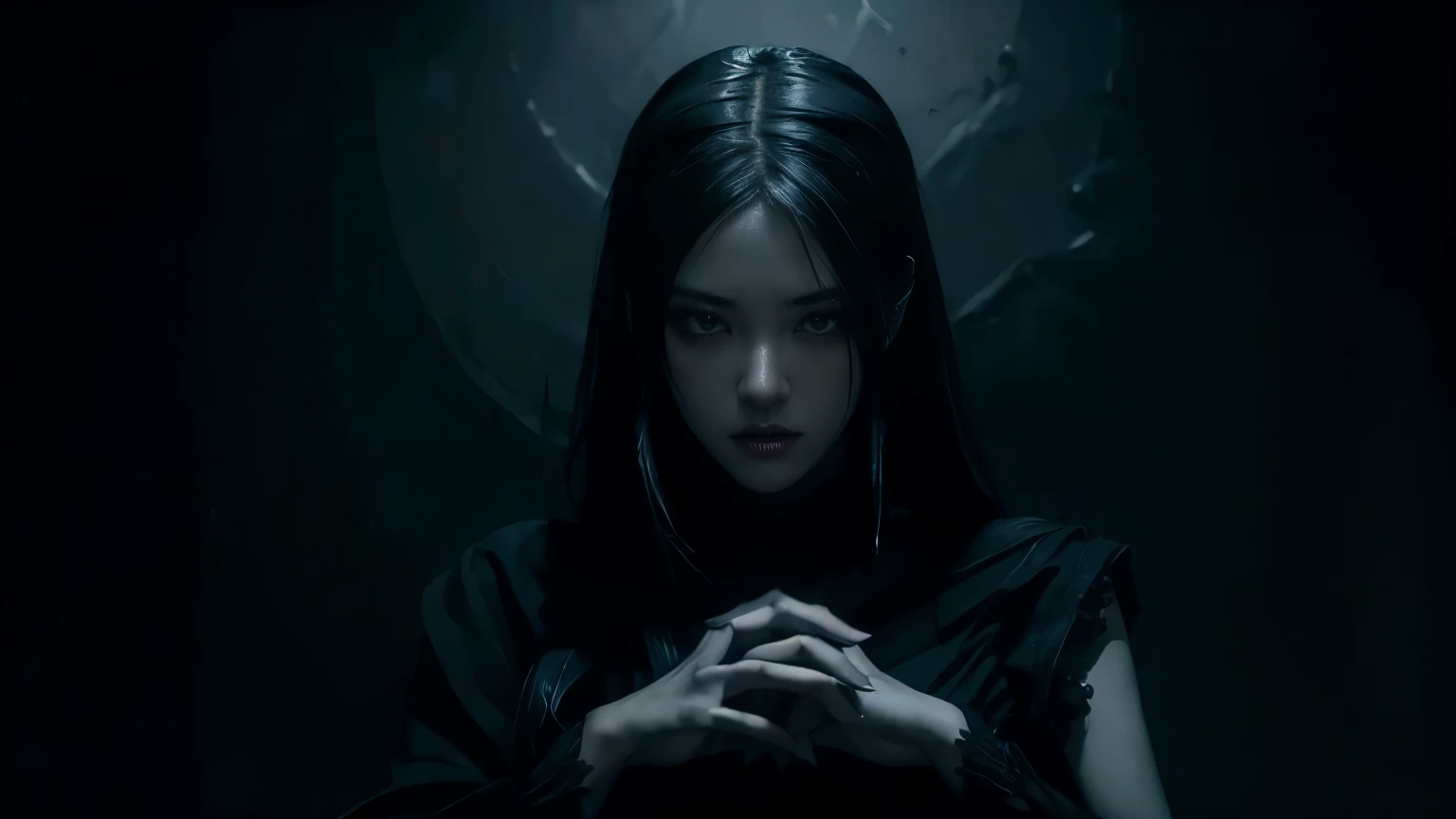 (best quality, highres:1.2), realistic, black dress, black hair, dark theme, black background, dark ninja, intense gaze, elegant posture, flowing dress, detailed facial features, long eyelashes, contrast, fine details, dramatic atmosphere, gothic style, intense emotions, monochrome color palette, captivating setting, haunting beauty, artistic photography, everything is black