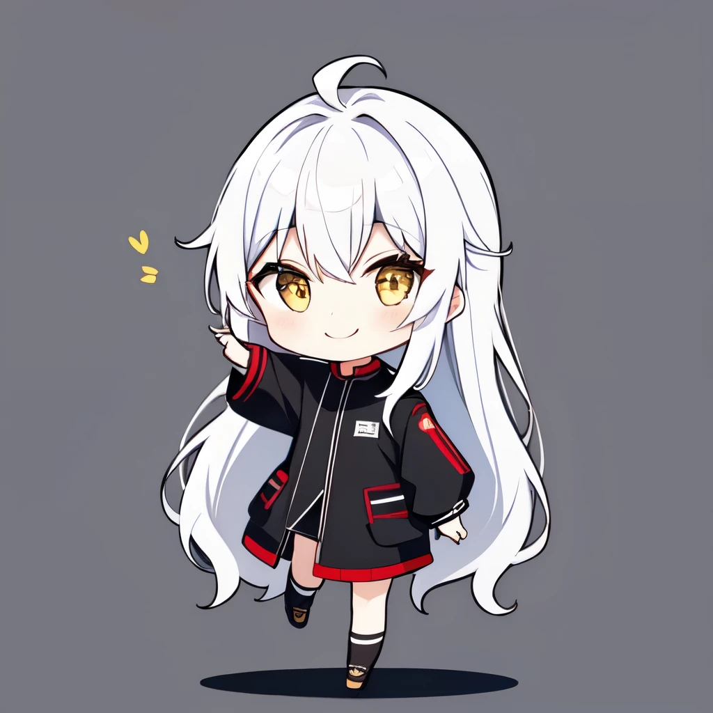 chibi, hair, She is wearing a black blouson, full body, smile, simple background,dancing
1 girl ,Alone, yellow eyes, happy,White hair, red long hair, 前hair, 長いhair