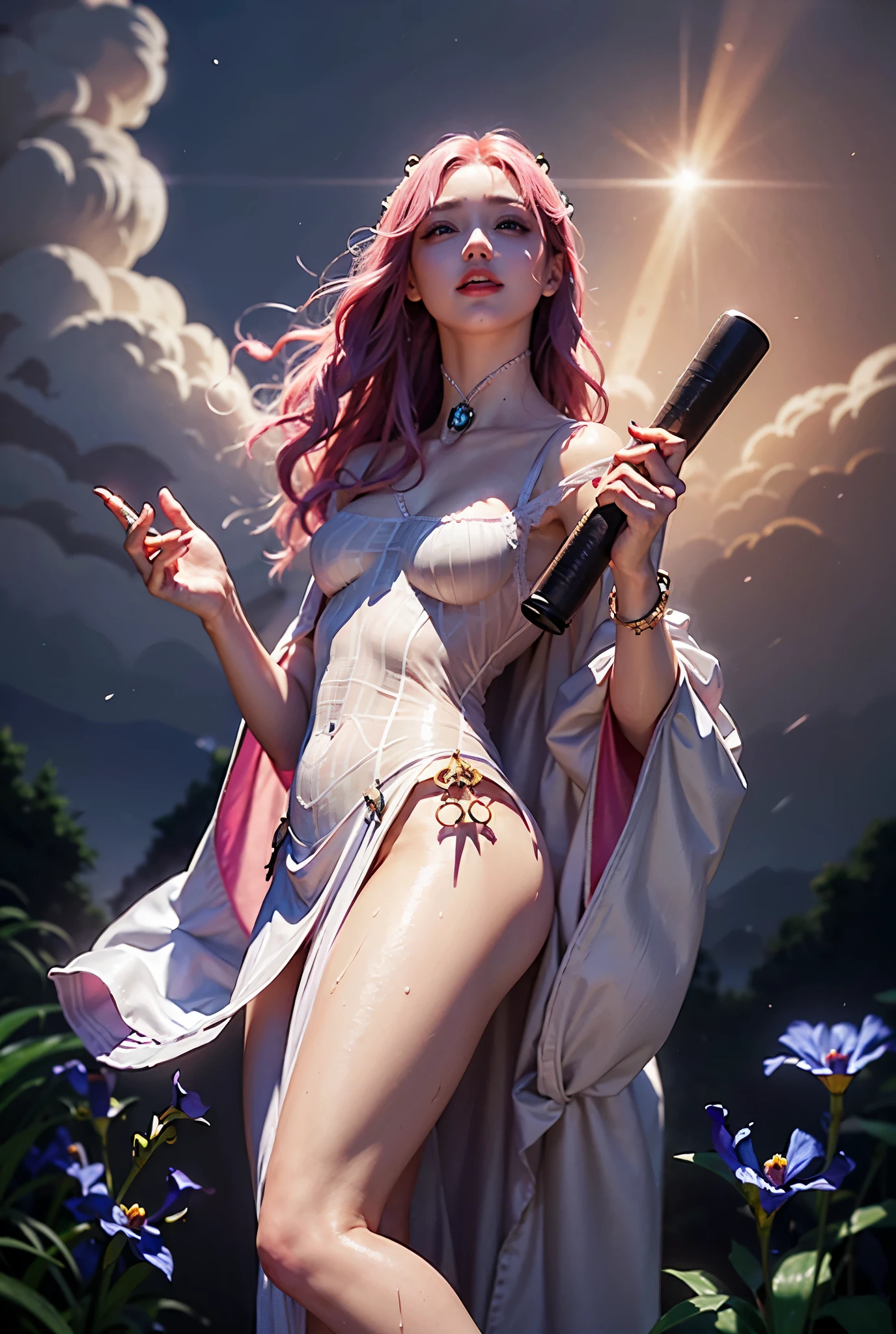 A beautiful mid 20s woman with a slender anime build, light lavender hair in a loose cascade, (pink inner thigh tattoos:1.42), standing in a contrapposto stance with a light smile, wearing a purple wrap dress, front of skirt is hiked up, white lace stockings, high-heeled purple boots, and a heavy bust, holding a magic staff above her head, spell casting pose with armpits showing, set against a starry void background, (pink glowing magic symbol circles:1.27), a swirl of energy around her feet, with extremely detailed facial features, hands, eyes, and intricate background details, rendered in 16k resolution with best quality and masterpiece style, under moody lighting