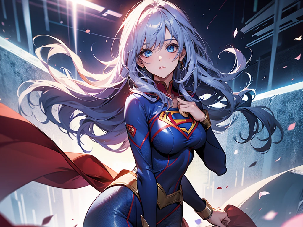 1girl in, Superhero, Mature Woman, body suit,long boots, gloves, medium breasts, glowing body, the light that surrounds her body, light Particle, Space background, floating, Cowboy Shot, Full body shot, super powers, Perfect Anatomy.