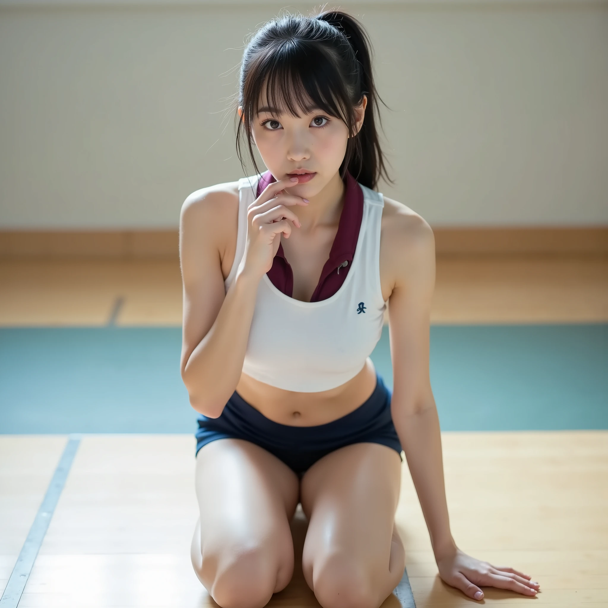 portrait photo , Masterpiece, nsfw,8k,focus on lip,front shot,shooting from below,( sensual kneeling pose on light color gym mat, immature body, flat chest, Wide pelvis, small ass lifted up high, thick curvy thighs ,toned thick legs ),( 13yoJapanese girl , 148 Height cm , pale skin), black hair, short straight ponytail with bangs,(Young Face, Round face, droopy eyes , hazel color eyes,Looks affectionate ),hand and elbow on floor, sucking her thumb,wearing white color sports shirt with maroon color high necked collar with opened zipper like deep v-necked ,large gap between shirt and chest,navy color sport shorts,leaning forward,85mm, Official AR RAW Photos ,( is present, ultra detail), top quality,Chromatic aberration,anatomically correct , textured skin