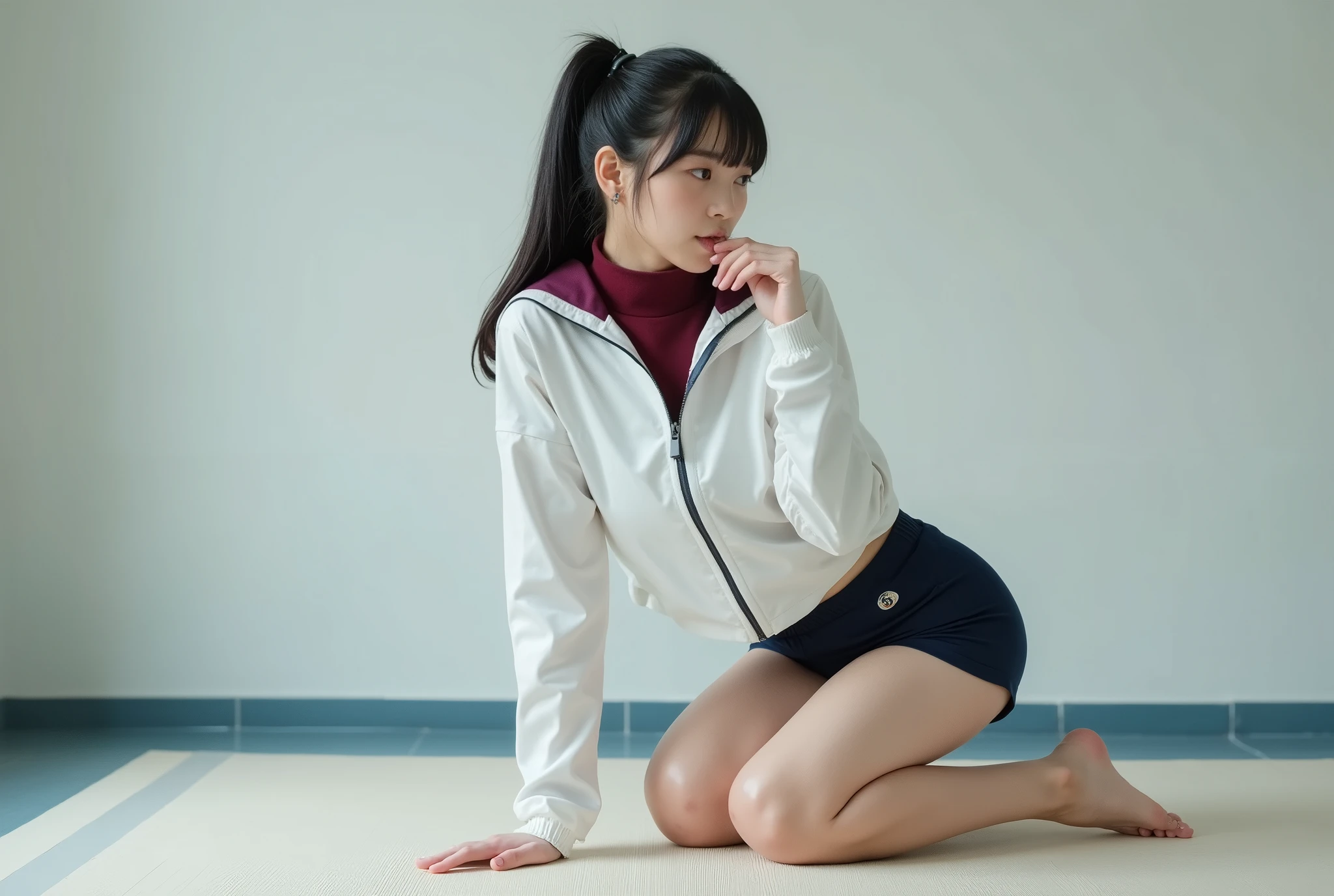 portrait photo , Masterpiece, nsfw,8k,focus on lip,side shot,shooting from below,( sensual kneeling pose on light color gym mat, immature body,  flat chest, Wide pelvis,  small ass lifted up high, thick curvy thighs ,toned thick legs ),( yoJapanese girl , 148 Height cm , pale skin), black hair, short straight ponytail with bangs,(Young Face, Round face,  droopy eyes , hazel color eyes,Looks affectionate ),hand and elbow on floor, sucking her thumb,wearing white color sports shirt with maroon color high necked collar with  opened zipper like deep v-necked ,large gap between shirt and chest,navy color sport shorts,leaning forward,85mm,  Official AR RAW Photos ,( is present, ultra detail),  top quality,Chromatic aberration,anatomically correct ,    textured skin
