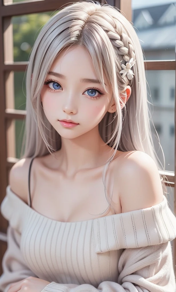silver shiny hair, super long straight silky hair, dazzling blonde super long silky hair, cute little beautiful face of 16 years old, beautiful girl, sparkling blonde dancing in front of her cute face, long silky bangs covering the space between her eyes, very beautiful, bright, large, bright blue eyes, very big eyes, hair hiding her face, sexy cute young woman with super long bangs, very white skin, cheek gloss highlighter, small beautiful face, round face, ample bust, nipples, embarrassed face, Light pink small nipples、A divine feeling、A face that feels great in the missionary position