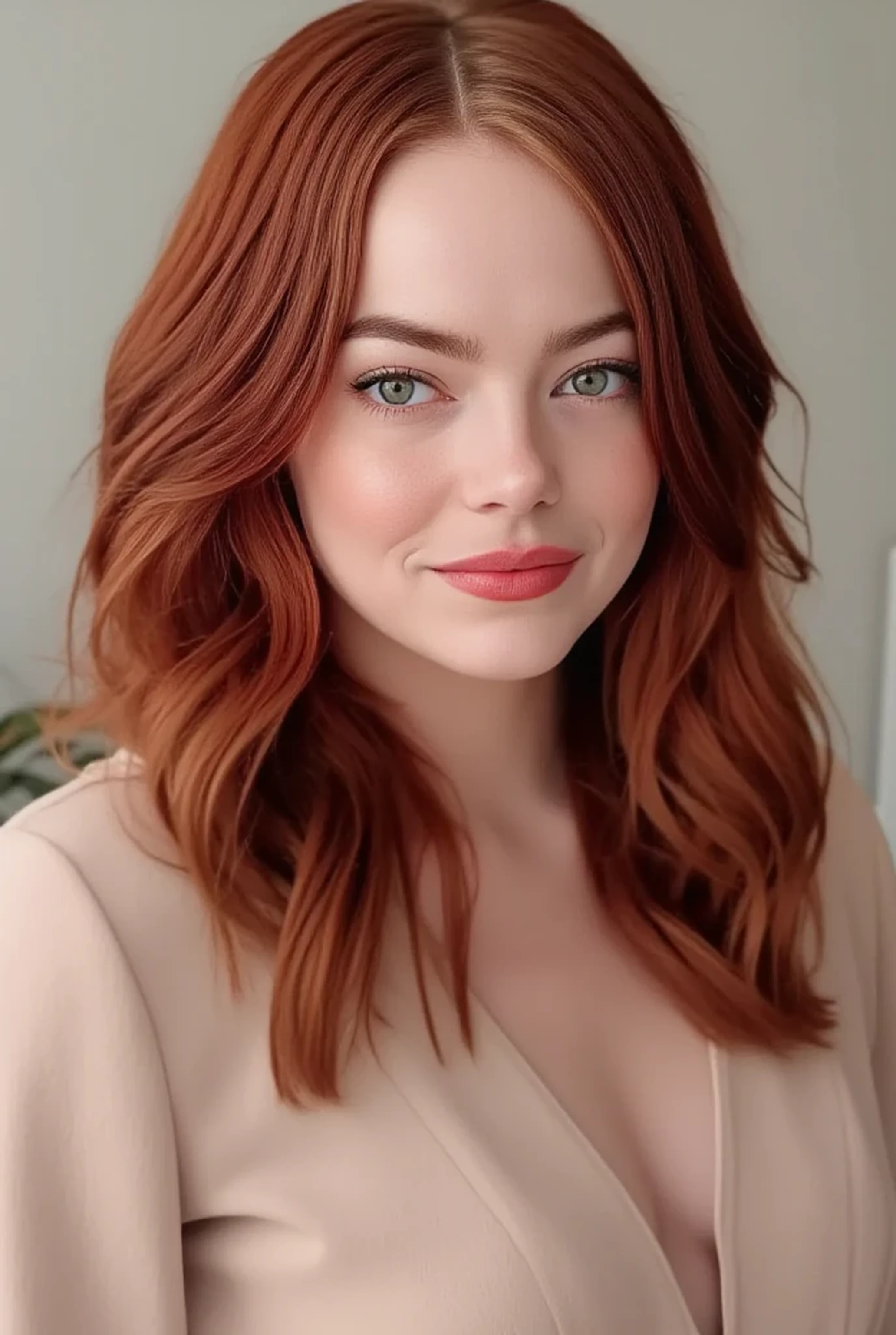 emma stone:
by:
- Color: Intense red with warm reflections (#FFC080)
- Texture: wavy, silky and slightly curly
- Length : to the shoulders, with some longer wicks that fall on the forehead
- Style : suave,
Eyes :
- Color: Light green with a touch of blue (#C6F4C5 )
- Shape: Almond-shaped, slanted and slightly angled
- Size : big, lips with a slightly oval shape
- Lashes : Long, thick and slightly curled
Skin :
- Color: pale, creamy with a touch of pink (# f5f5f5 )
- Texture: suave, facials
- Athletic and slightly curvaceous : uniforme, without imperfections and with a slight luminosity
Expressive :
- Color: Intense pink with a touch of natural and slightly disheveled coral (#FFC0CB)
- Shape: Fleshy, faces curled slightly upwards
- Size : medium, provided and in harmony with the rest of the face
Body :
- Silhouette: thin, toning
- Height : 1.68 m ( approximately )
- Weight: 55 kg ( approximately )
- Proportions : hips and breasts provided, defined and slightly narrowed waist
Sensual :
- Shape: Oval, soft and slightly elongated
- Smooth and slightly radiant : high cheekbones, small and slightly straight nose , defined and slightly arched eyebrows . hyperrealistic image , Cinematic light, 8K, uhdk , without distortion .
