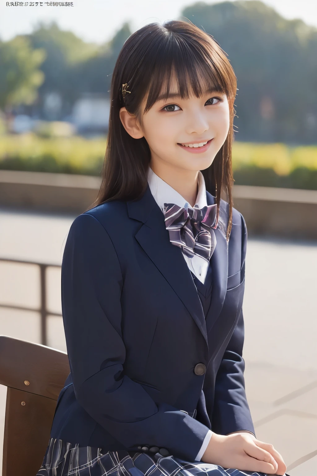 ( top quality,  Masterpiece:1.2),  top quality,  is present,  photos,  high resolution, 1080P, 8k,  physical rendering , ((: 158cm)),   Japanese Girl、((((((A beautiful  fashion model from a Japanese fashion magazine is staring straight into the audience)))))), ((( x} beautiful dark brown eyes that are large and very detailed))), ((((Laugh at me!)))),  Fine fingers , (((Short, curly bangs))), ((((Very noble and pretty eyes,  meticulously drawn )))), (( double eyelids)), (((long eyelashes))), ((Cute adorable smiling cheeks)), ((Pure white light hits my nose and cheeks.  Her eyes and white face shine beautifully white .)), ((((( Her facial features are very expressive and has a nice smile , so sweet, Very very clever))))), (((( impressive plain dark blue large student bow tie solid color )))), ((((black, very beautiful and very long hair )))), ( a blue and navy tartan check formal long pleated skirt ), ((( a slightly larger dark blue solid blazer with a gold crest 、It has a gold crest))), (( graceful like a noble princess )), ((Sitting on a chair on the platform of a rural station)), ((Full body shot from the side))