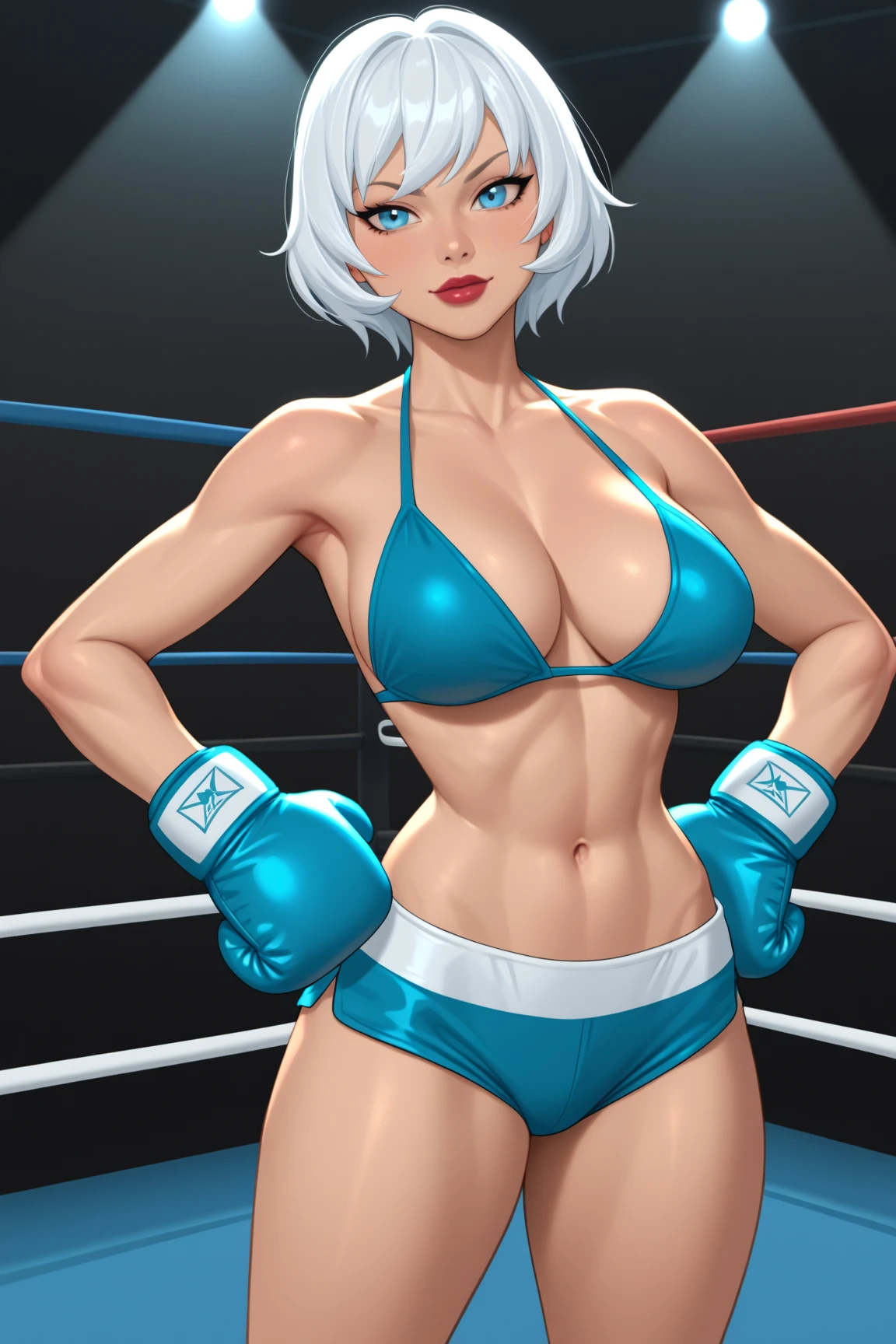 korean beautifull girl，18 years old,Pretty Face，Good shape，detailed picture, Solemn expression， blush，White ponytail, Wear sports bras，Soaked，Wear black pantyhose，high-heel boots, Wearing black boxing gloves，Wearing a boxing helmet，Black sleeves on arms, Perform standing boxing defense in the boxing ring，Large Breasts,Cleavage,Long legs，Thin waist，nipple，Camel toe