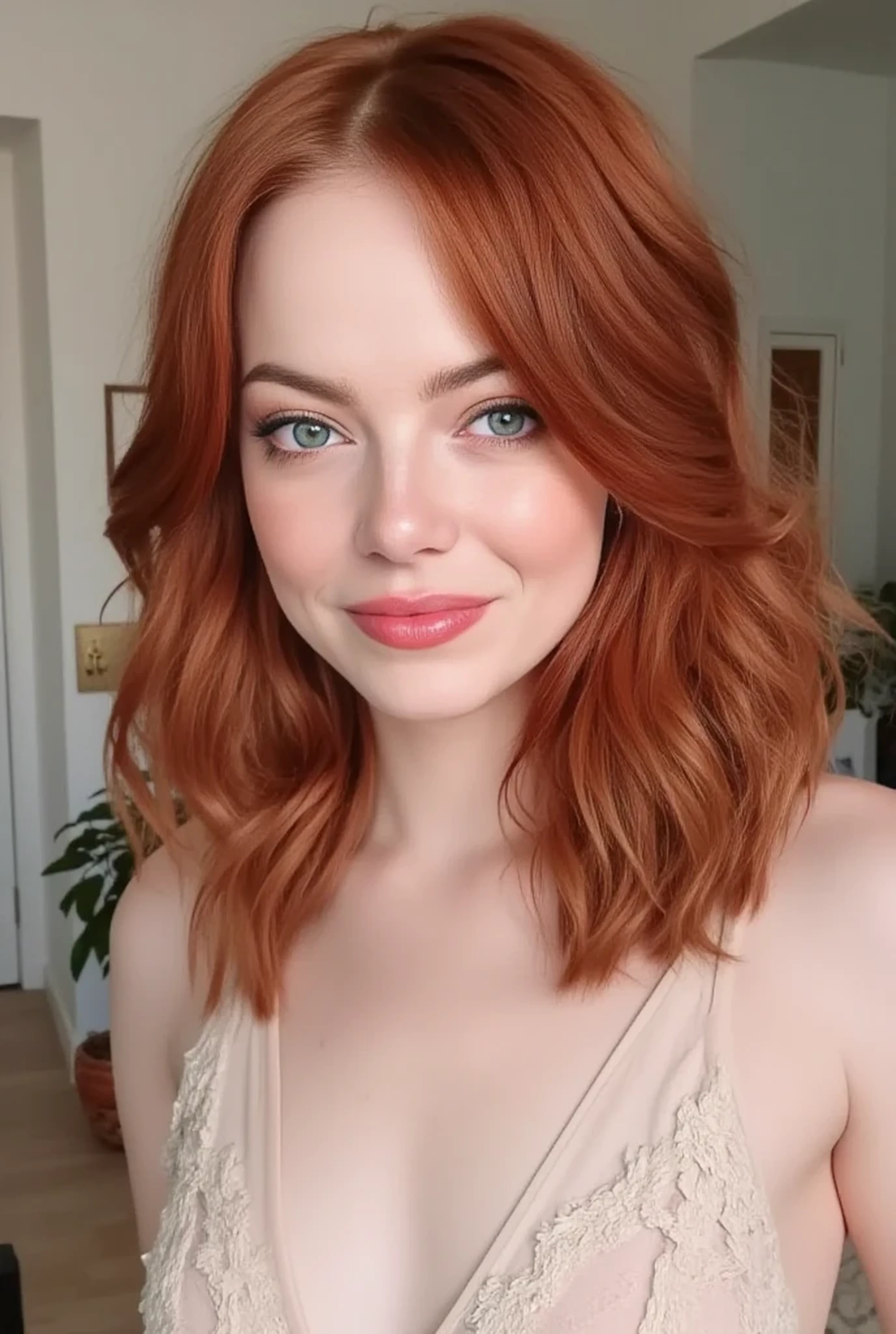 emma stone:
by:
- Color: Intense red with warm reflections (#FFC080)
- Texture: wavy, silky and slightly curly
- Length : to the shoulders, with some longer wicks that fall on the forehead
- Style : suave,
Eyes :
- Color: Light green with a touch of blue (#C6F4C5 )
- Shape: Almond-shaped, slanted and slightly angled
- Size : big, lips with a slightly oval shape
- Lashes : Long, thick and slightly curled
Skin :
- Color: pale, creamy with a touch of pink (# f5f5f5 )
- Texture: suave, facials
- Athletic and slightly curvaceous : uniforme, without imperfections and with a slight luminosity
Expressive :
- Color: Intense pink with a touch of natural and slightly disheveled coral (#FFC0CB)
- Shape: Fleshy, faces curled slightly upwards
- Size : medium, provided and in harmony with the rest of the face
Body :
- Silhouette: thin, toning
- Height : 1.68 m ( approximately )
- Weight: 55 kg ( approximately )
- Proportions : hips and breasts provided, defined and slightly narrowed waist
Sensual :
- Shape: Oval, soft and slightly elongated
- Smooth and slightly radiant : high cheekbones, small and slightly straight nose , defined and slightly arched eyebrows . hyperrealistic image , Cinematic light, 8K, uhdk , without distortion .