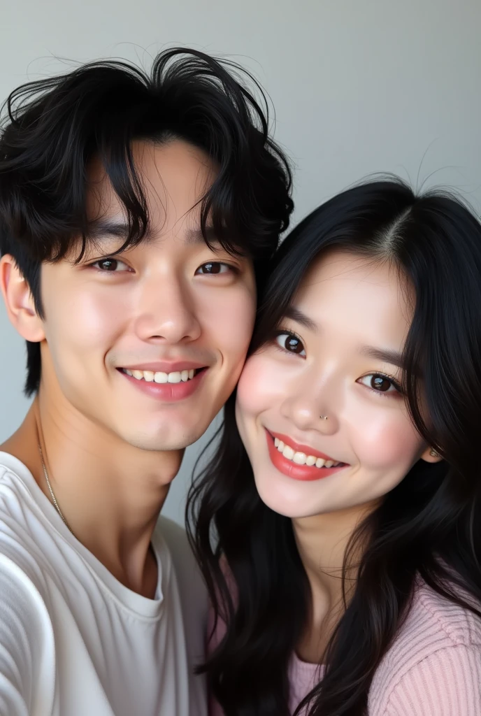 close-up of korean male and female, slightly smile, rolled sleeves t-shirt in the Dinosaur park, bokeh background, Polaroid photo, UHD, sexy, ((big boobs, round cup)), bright skin, high definition skin
