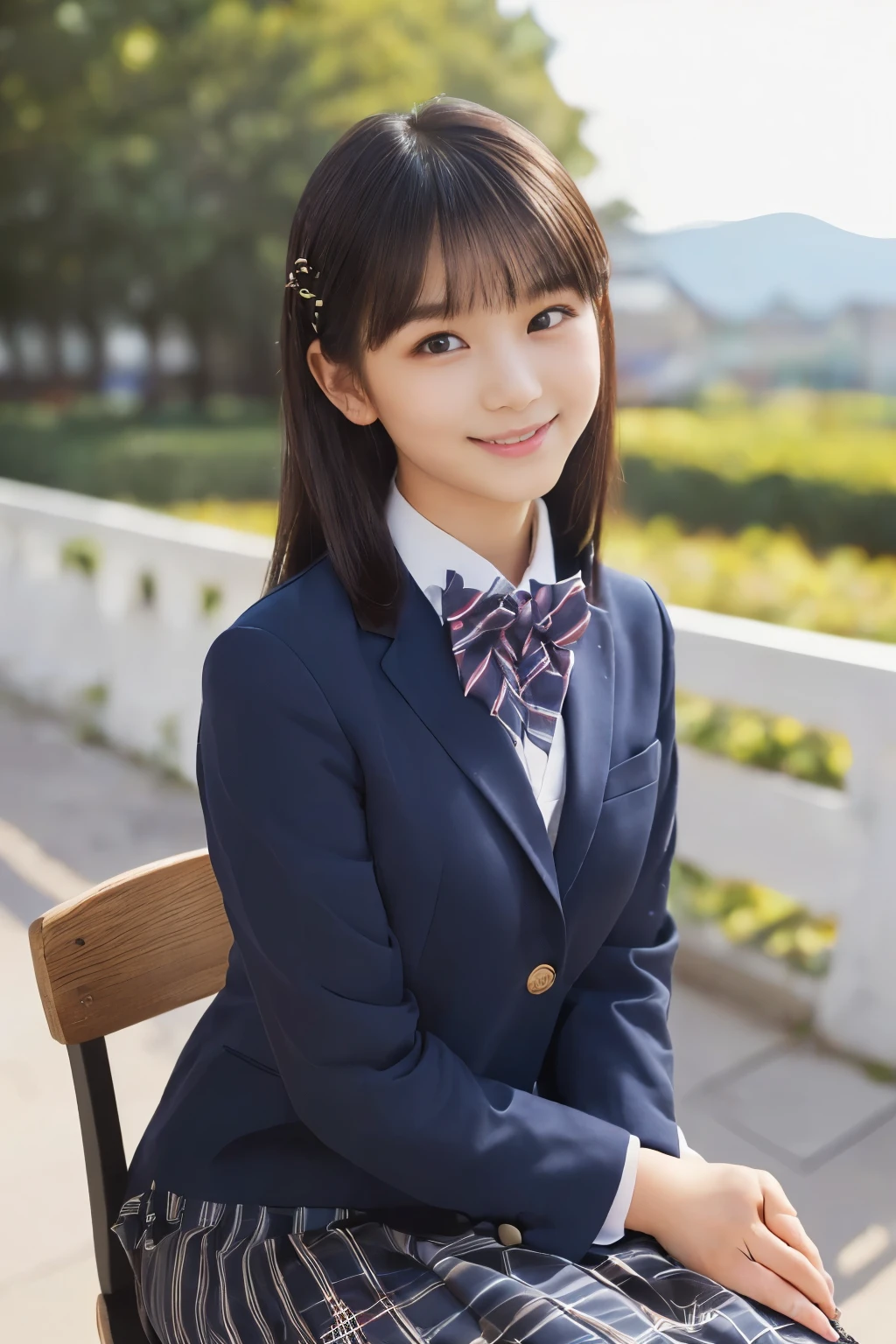 ( top quality, Masterpiece:1.2), top quality, is present, photos, high resolution, 1080P, 8k, physical rendering , ((: 158cm)), Japanese Girl、((((((A beautiful fashion model from a Japanese fashion magazine is staring straight into the audience)))))), ((( x} beautiful dark brown eyes that are large and very detailed))), ((((Laugh at me!)))), Fine fingers , (((Short, curly bangs))), ((((Very noble and pretty eyes, meticulously drawn )))), (( double eyelids)), (((long eyelashes))), ((Cute adorable smiling cheeks)), ((Pure white light hits my nose and cheeks. Her eyes and white face shine beautifully white .)), ((((( Her facial features are very expressive and has a nice smile , so sweet, Very very clever))))), (((( impressive plain dark blue large student bow tie solid color )))), ((((black, very beautiful and very long hair )))), ( a blue and navy tartan check formal long pleated skirt ), ((( a slightly larger dark blue solid blazer with a gold crest 、It has a gold crest))), (( graceful like a noble princess )), ((Sitting on a chair on the platform of a rural station)), ((Full body shot from the side))