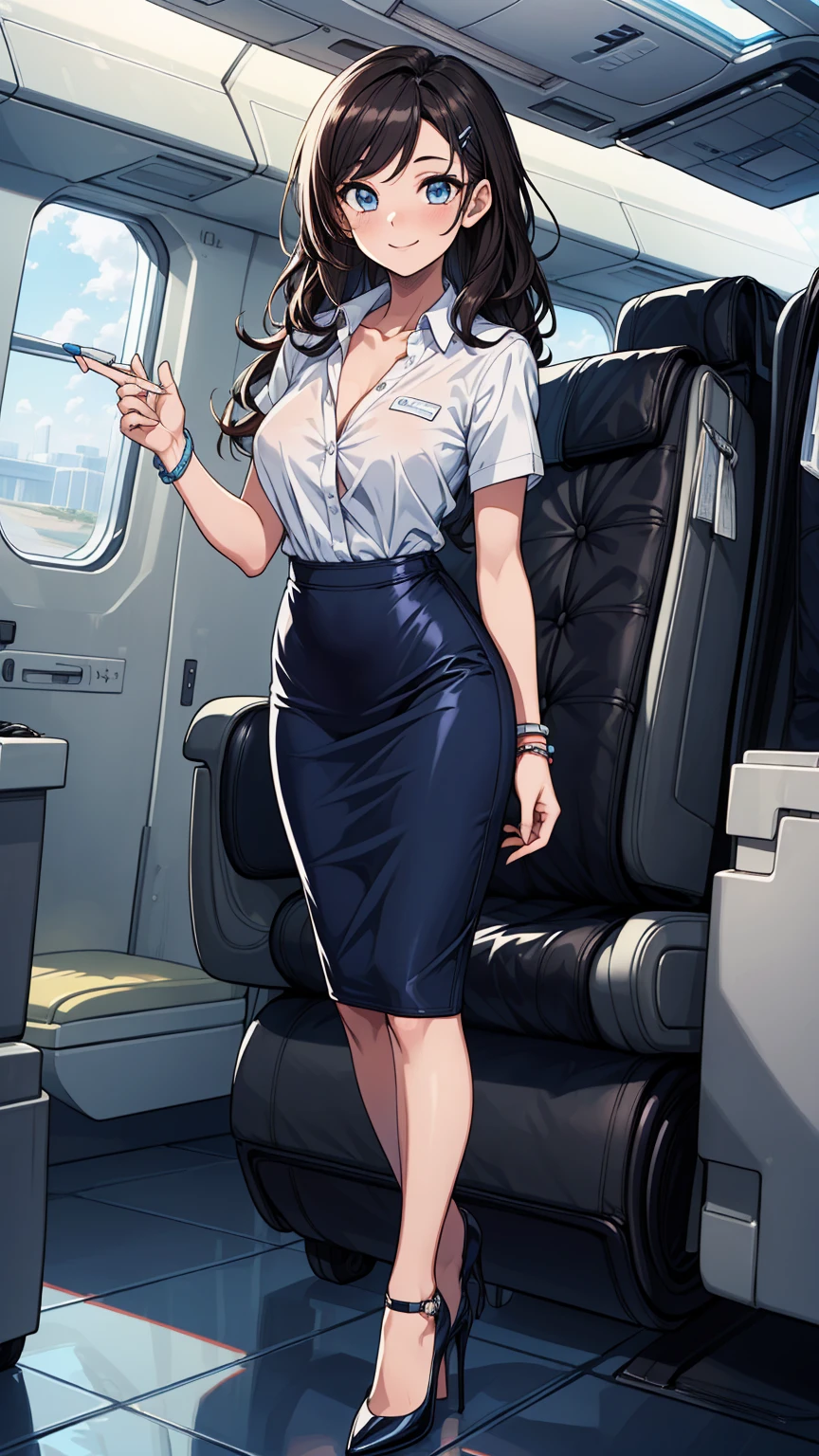 view from above, (wide shot:1.5), (full figure:1.5), 1 girl, (solo:1.5), (sit on a chair with your legs wide apart:1.5),  ((((From the side, you can see the view outside the window and the airport. The customer seats are arranged in a row behind the flight attendant seats. The bright lights shine inside the plane))), The background of the interior of the aircraft being prepared, the woman is sitting in the flight attendant seat and preparing for takeoff. Her outfit is a pretty flight attendant. she unbuttons her white shirt and reveals a bra. she wears a skirt, upskirt with pantyhose and white panties. His body is wet with sweat. Her skin looks smooth, she has taken an aphrodisiac, and her whole body is sweaty and flushed, and she is spreading her legs to cool off. Her legs are lifted, (ahegao:1.2), (head back:1.2)