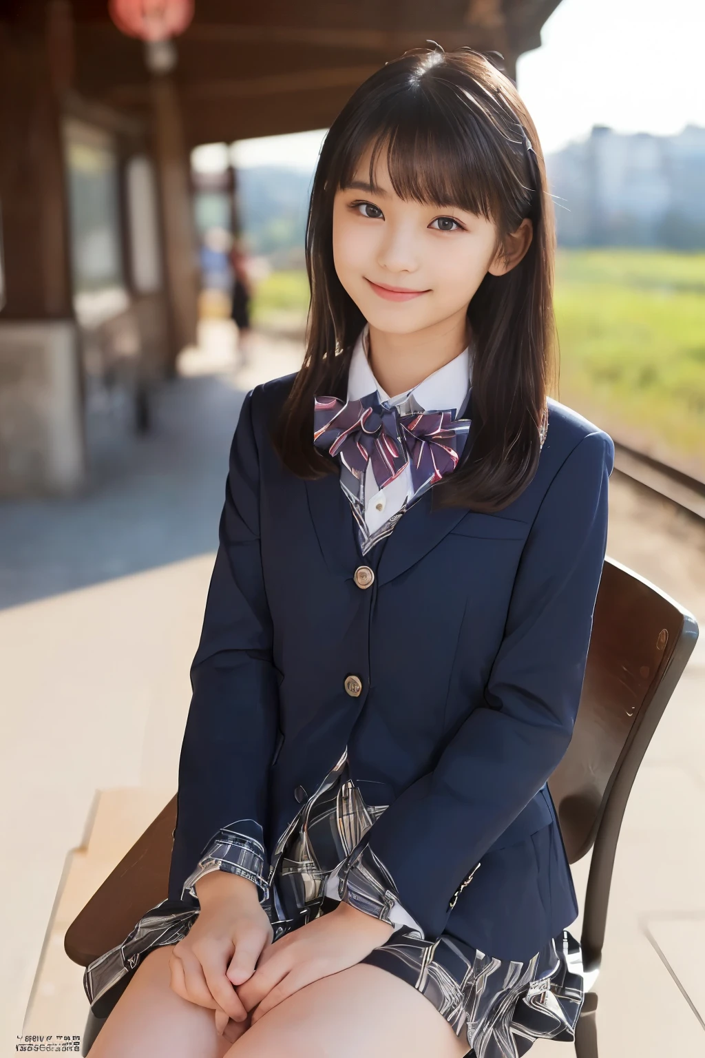 ( top quality, Masterpiece:1.2), top quality, is present, photos, high resolution, 1080P, 8k, physical rendering , ((: 158cm)), Japanese Girl、((((((A beautiful -yeld faon model from a Japanese fashion magazine is staring straight into the audience)))))), ((( x} beautiful dark brown eyes that are large and very detailed))), ((((Laugh at me!)))), Fine fingers , (((Short, curly bangs))), ((((Very noble and pretty eyes, meticulously drawn )))), (( double eyelids)), (((long eyelashes))), ((Cute adorable smiling cheeks)), ((Pure white light hits my nose and cheeks. Her eyes and white face shine beautifully white .)), ((((( Her facial features are very expressive and has a nice smile , so sweet, Very very clever))))), (((( impressive plain dark blue large student bow tie solid color )))), ((((black, very beautiful and very long hair )))), ( a blue and navy tartan check formal long pleated skirt ), ((( a slightly larger dark blue solid blazer with a gold crest 、It has a gold crest))), (( graceful like a noble princess )), ((Sitting on a chair on the platform of a rural station)), ((Full body shot from the side))