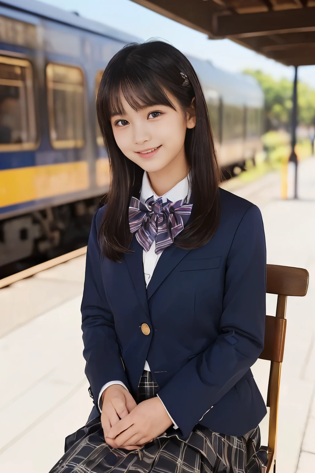 ( top quality, Masterpiece:1.2), top quality, is present, photos, high resolution, 1080P, 8k, physical rendering , ((: 158cm)), Japanese Girl、((((((A beautiful -yeld faon model from a Japanese fashion magazine is staring straight into the audience)))))), ((( x} beautiful dark brown eyes that are large and very detailed))), ((((Laugh at me!)))), Fine fingers , (((Short, curly bangs))), ((((Very noble and pretty eyes, meticulously drawn )))), (( double eyelids)), (((long eyelashes))), ((Cute adorable smiling cheeks)), ((Pure white light hits my nose and cheeks. Her eyes and white face shine beautifully white .)), ((((( Her facial features are very expressive and has a nice smile , so sweet, Very very clever))))), (((( impressive plain dark blue large student bow tie solid color )))), ((((black, very beautiful and very long hair )))), ( a blue and navy tartan check formal long pleated skirt ), ((( a slightly larger dark blue solid blazer with a gold crest 、It has a gold crest))), (( graceful like a noble princess )), ((Sitting on a chair on the platform of a rural station)), ((Full body shot from the side))