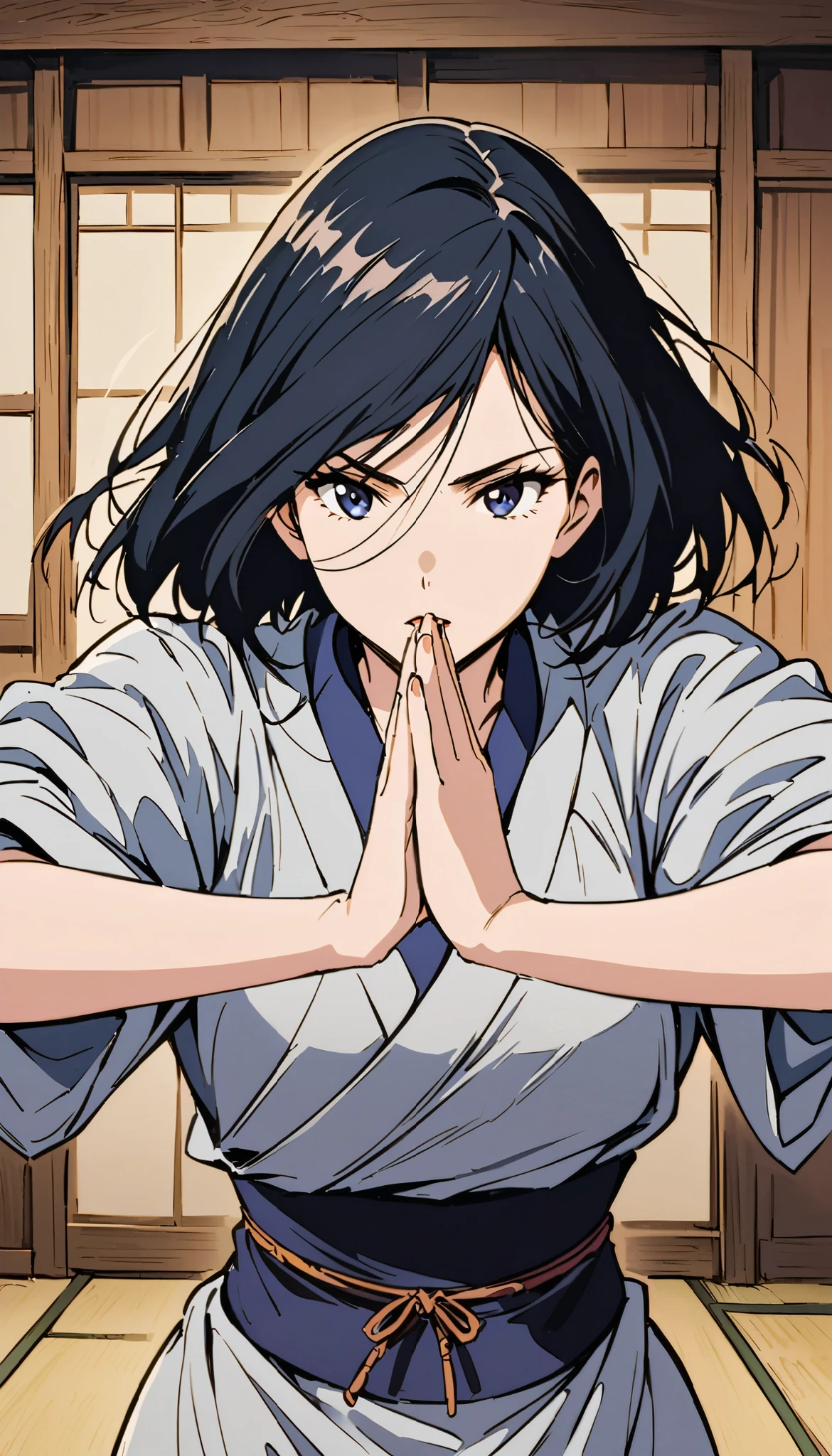 vintage movie, girl, short hair, navy hair, straight hair, woman body, gray kimono, tatami, training, hyuga clan, shinobi village, konohagakure,
fighting stance, {{kaiten pose}}, fighting, kaiten hyuuga, hyuuga clan, ((( byakugan ))), ((izumi solo)), young, arms stretched in opposite directions, rotating at very high speed

