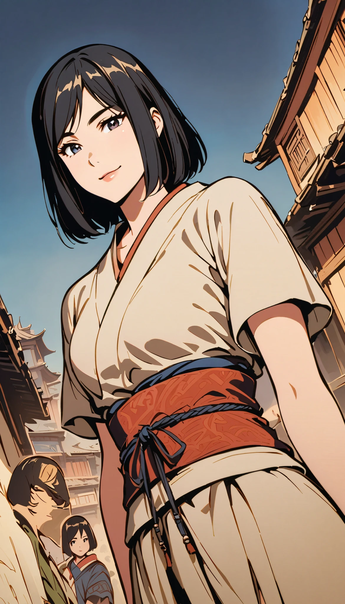 vintage movie, girl, short hair, straight hair, woman body, kunoichi, dutch angle, hyuga clan, shinobi village, konohagakure, ((closed mouth)), smilling