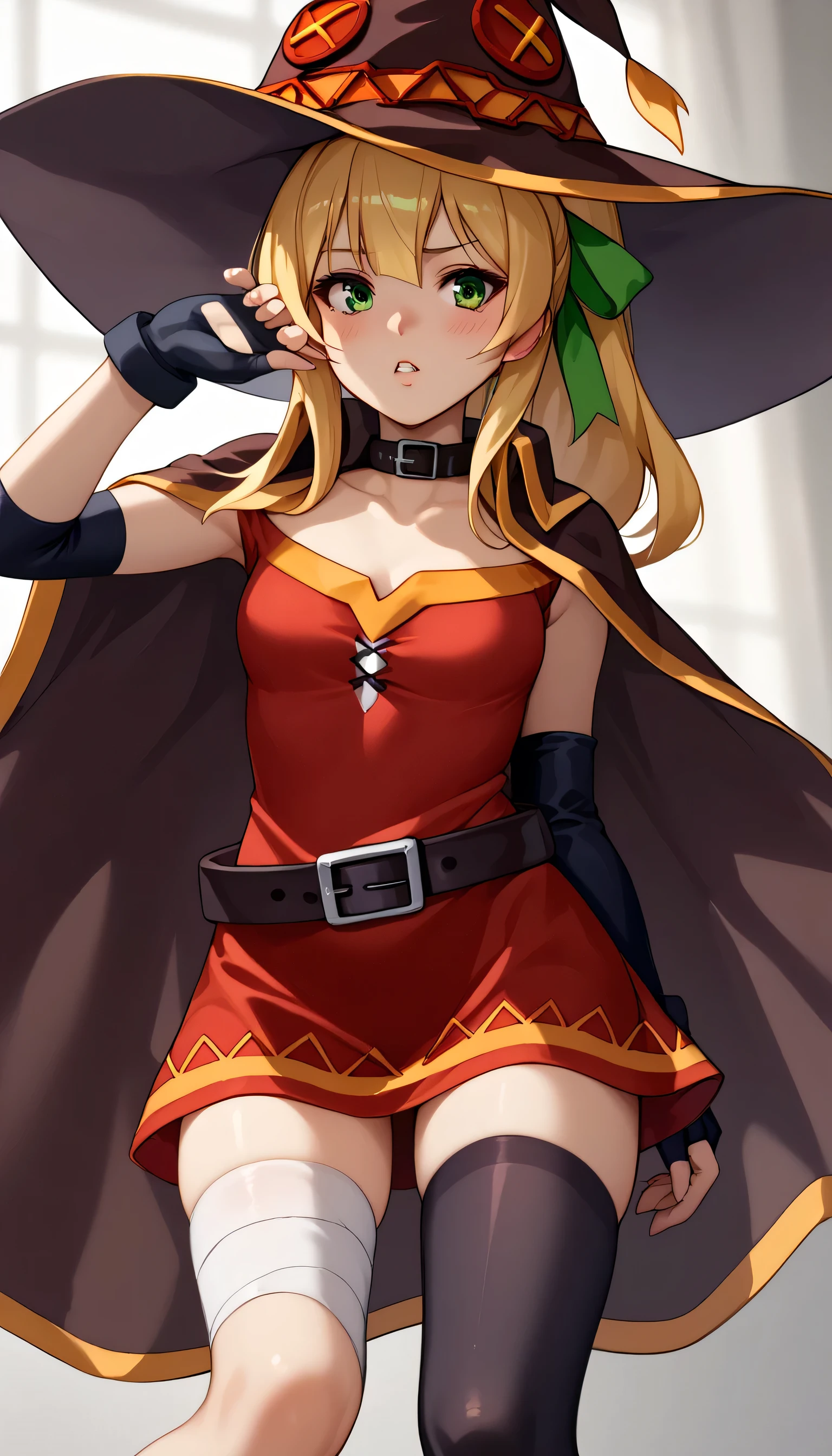 Roll (Mega man), android, long hair, blush, bangs, blonde hair, green eyes, hair ribbon, ponytail, medium breast ,megumin cosplay, megumin (cosplay), thighhighs, gloves, hat, dress, black gloves, belt, black thighhighs, fingerless gloves, cape, collar, witch hat, bandages, red dress, single thighhigh, asymmetrical legwear, bandaged leg,