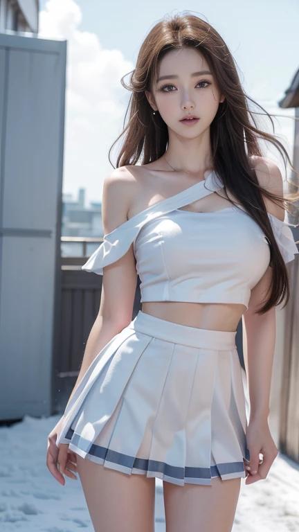 best quality, masterpiece, 1 girl, beautiful face, (photo realistic:1.3), edge lighting, from below, (high detail skin: 1.2), 8k ultra hd, DSLR, high quality, high resolution, 4k, 8k, bokeh, ridiculous, best ratio four fingers and one thumb, (realistic: 1.3), cute 1girl, huge breasts, super short white pleated skirt, jumping, beautiful buttocks, nude photo, from below, sky